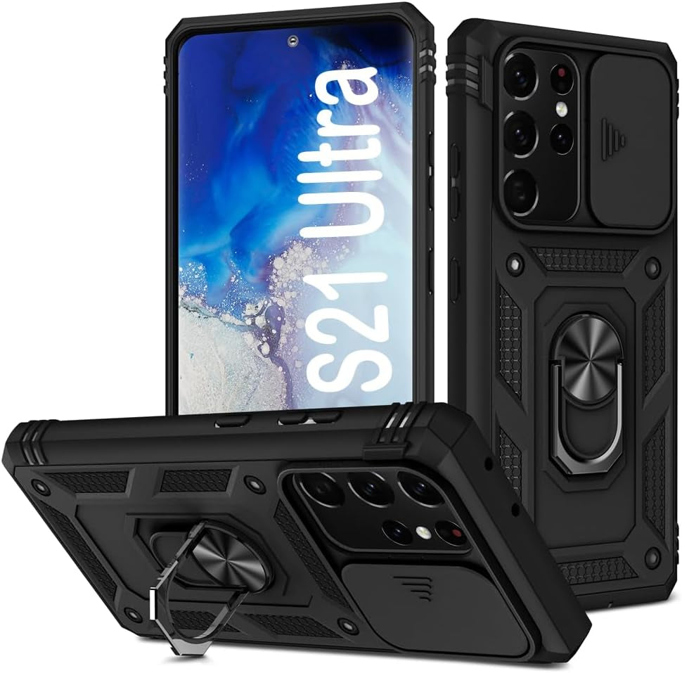 PASNEW for Samsung Galaxy S21 Ultra Case,Finger Ring Kickstand & Camera Cover Slide & Charge Port Dust Plug,Military Heavy Duty Full Body Shockproof Protective Hard Shell S21Ultra,6.8 Inch,Pink  PASNEW Black Samsung Galaxy S21 Ultra【6.8"】 