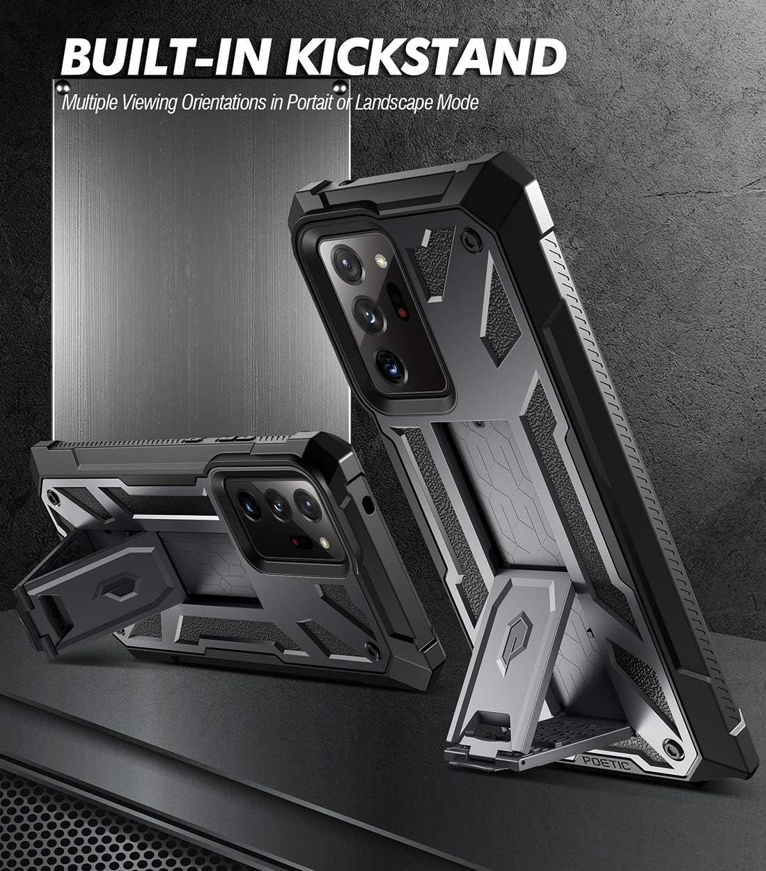 Poetic Spartan Series Designed for Galaxy Note 20 Ultra Case, Full-Body Rugged Dual-Layer Metallic Color Accent with Premium Leather Texture Shockproof Protective Cover with Kickstand, Gun Metal  Poetic   