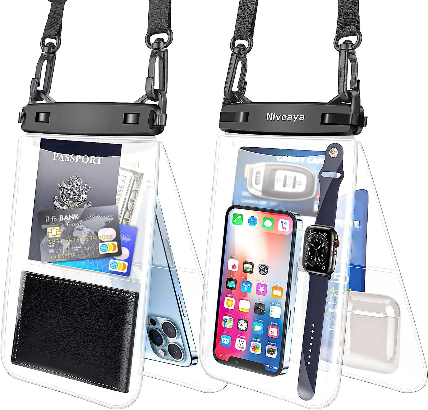 Niveaya Double Space Waterproof Phone Pouch - 2 Pack, Waterproof Phone Lanyard Case with Iphone 15/14/13/12/ Pro Max/Pro/8 Plus, Galaxy S22/S21/S20/S10/Note 20/10/9 up to 7", Dry Bag for Vacation.  Niveaya Clear+ Clear Large 10.5" 