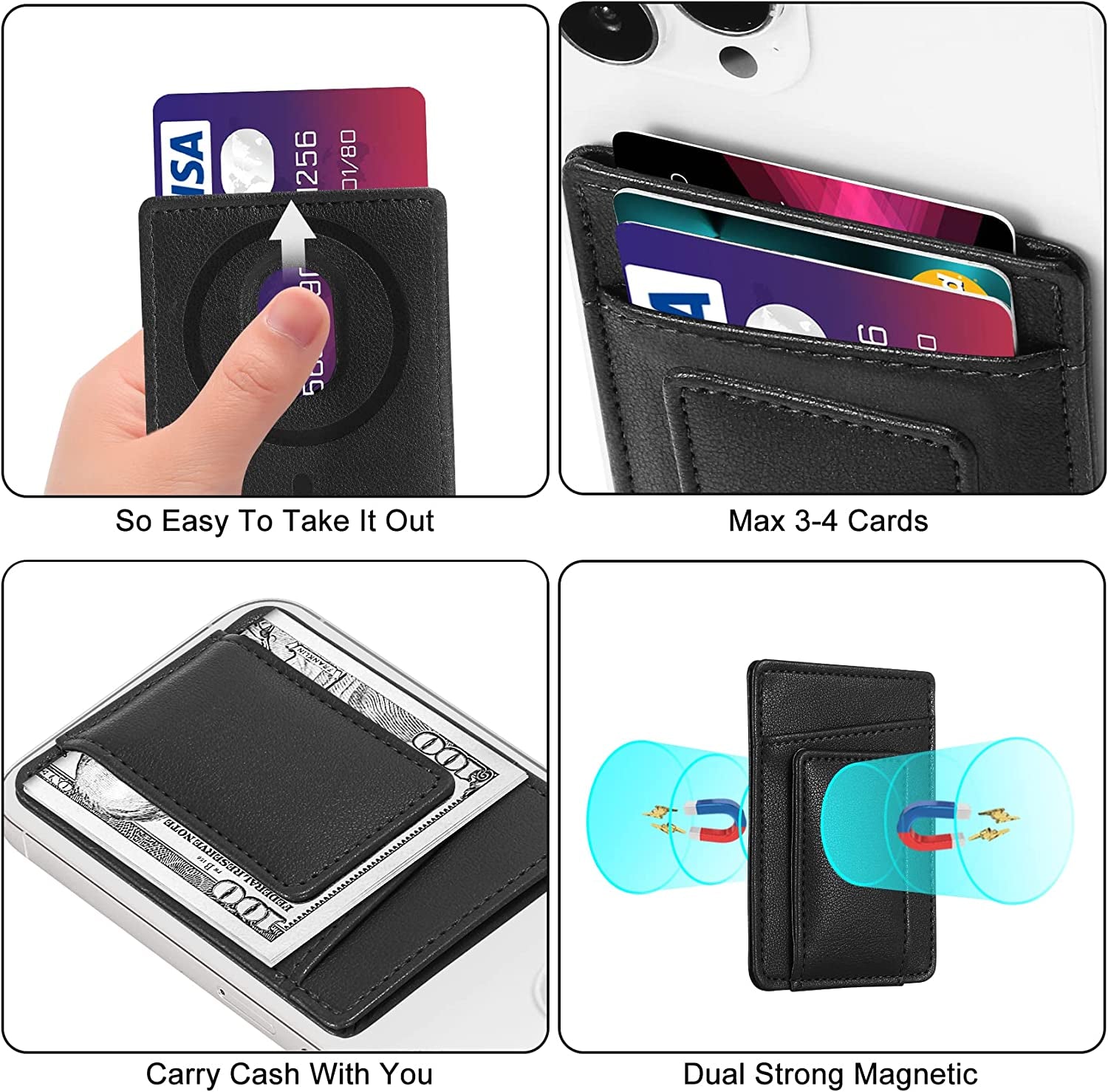 Magnetic Card Wallet Holder for Apple Magsafe, Magnetic Card Holder Magsafe Compatible with Iphone 12 Iphone 13/14 Magsafe Wallet, Mag Safe Leather Wallet for Back of Iphone 14/13/ 12 Series, Black  HiWe   