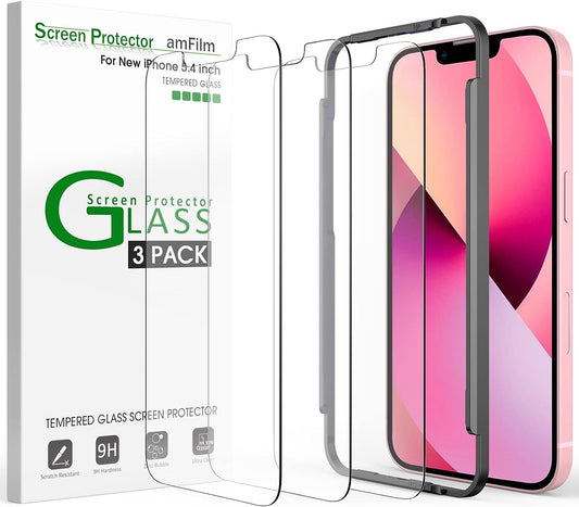 Amfilm Glass Screen Protector Compatible with Iphone 13 Mini 5.4" Display, 2021, with Easy Installation Tray - Case Friendly, Tempered Glass, 3 Pack  TechMatte   