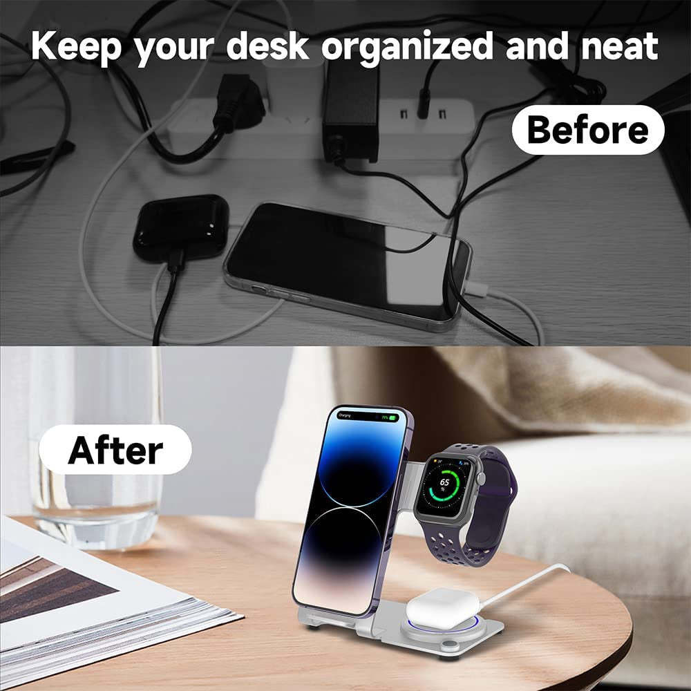Wireless Charger, Aluminum Alloy 3 in 1 Wireless Charging Station for Apple Iphone/Iwatch/Airpods,Iphone 14,13,12,11 (Pro, Promax)/Xs/Xr/Xs/X/8(Plus),Iwatch8/7/6/Se/5/4/3/2,Airpods 3/2/Pro  XYZ   