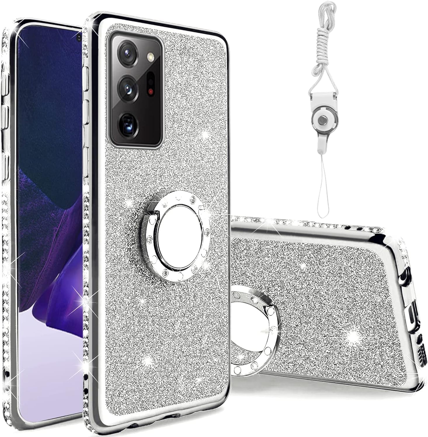 Case for Galaxy Note 20 Ultra 5G Girls Women Cute Luxury Glitter Shiny Sparkly Shell with Ring Stand UPC Soft Slim Bumper Shockproof Protective Phone Cover for Samsung Galaxy Note 20 Ultra 6.9" - Pink  Easyscen Silver  