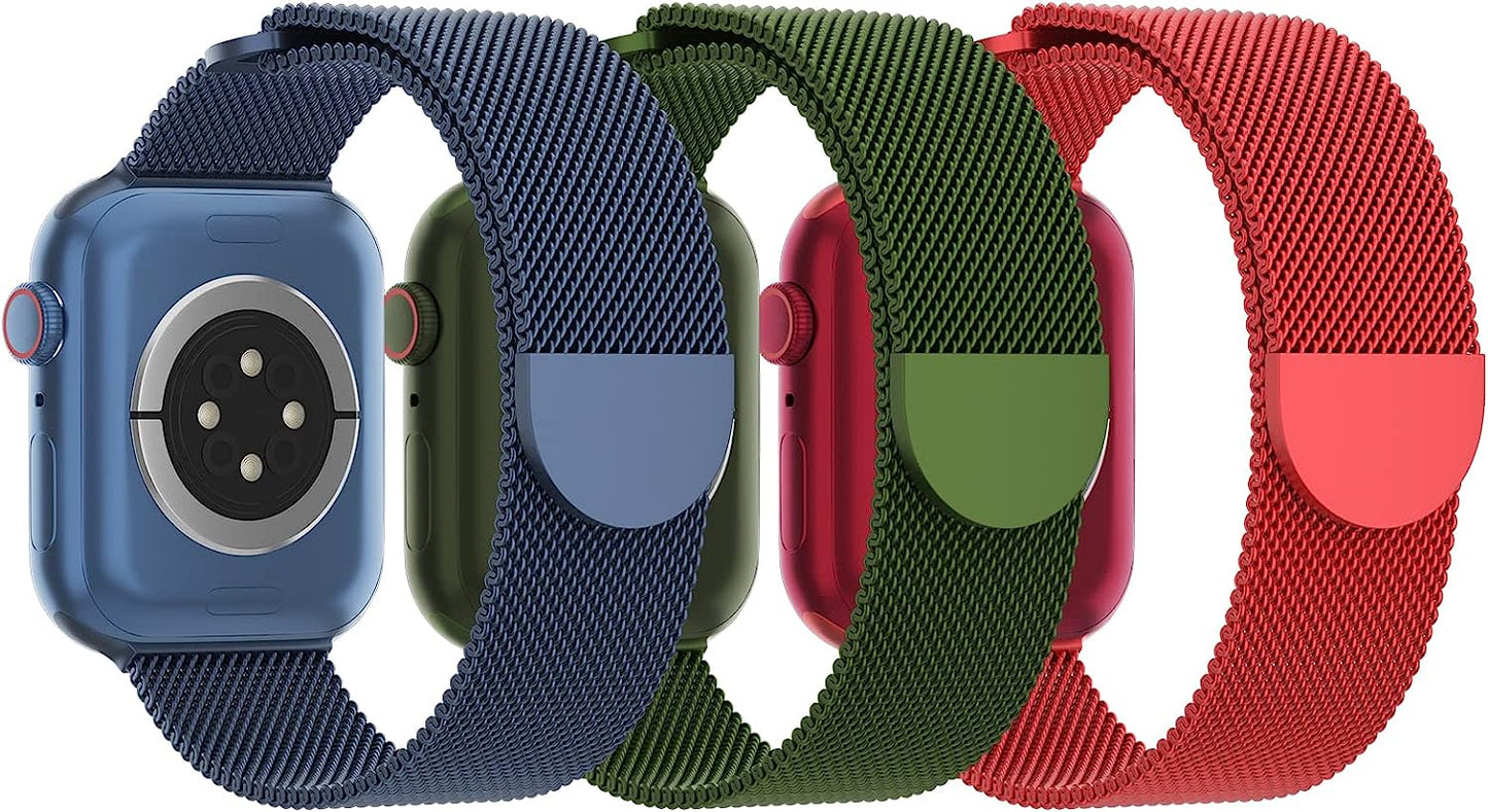 STEEZRD 3 Pack Mesh Metal Bands Compatible with Apple Watch Band 38Mm 40Mm 41Mm 42Mm 44Mm 45Mm 49Mm, Stainless Steel Magnetic Loop Strap Wristband for Iwatch Ultra Series 8/SE/7/6/5/4/3/2/1 Men Women  STEEZRD E-Blue/Grass Green/Red 42/44/45/49mm 