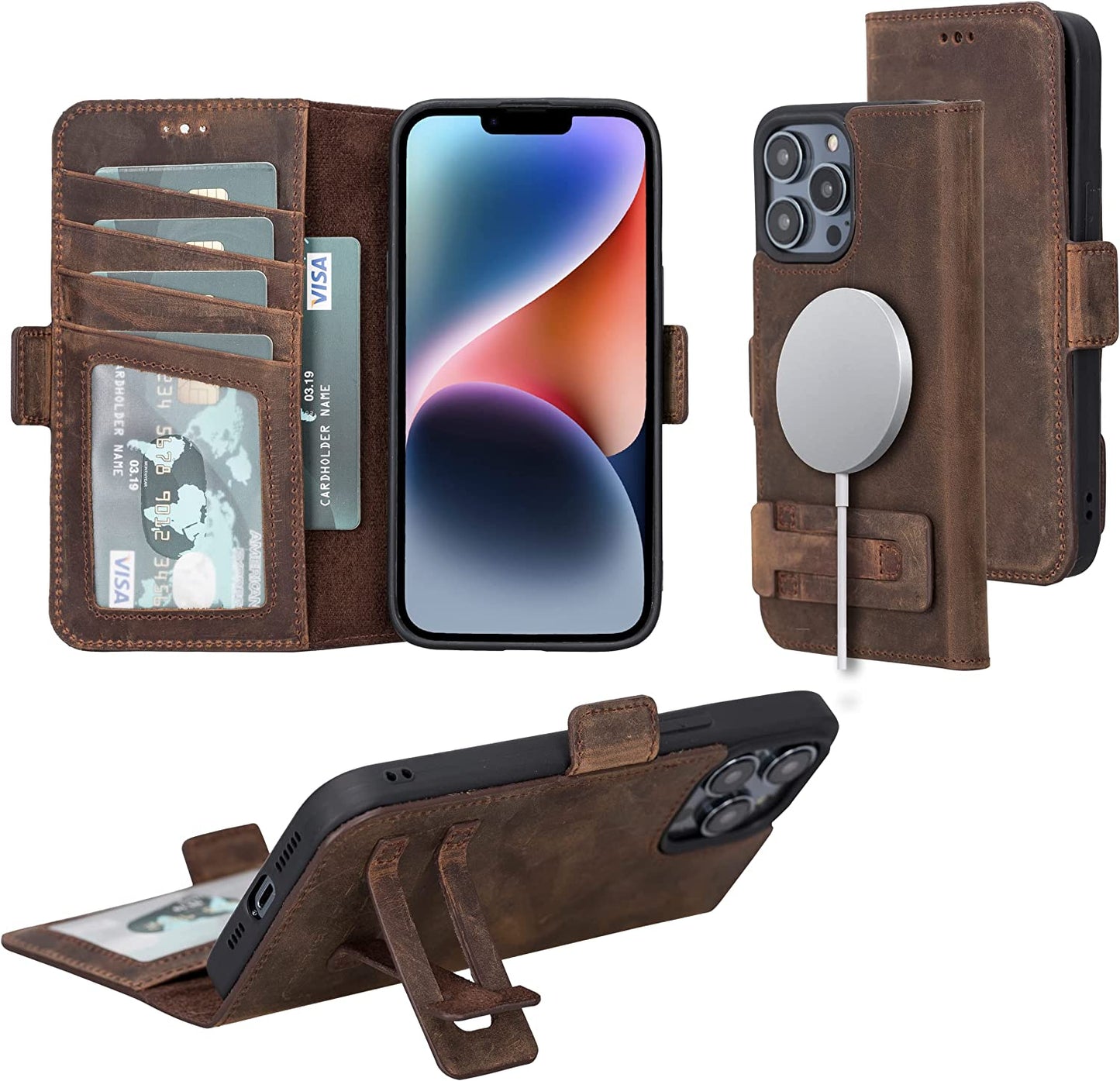 Bayelon Leather Wallet Case for Iphone 14 Pro Max - Flip Cover Card Holder Slots, Iphone 14 Pro Max Case Compatible with Apple Magsafe, Full Grain Leather Folio Case, Kickstand Function (A. Camel)  Bayelon Dark Brown (14 Pro Max) iPhone 14 Pro Max (6.7") 