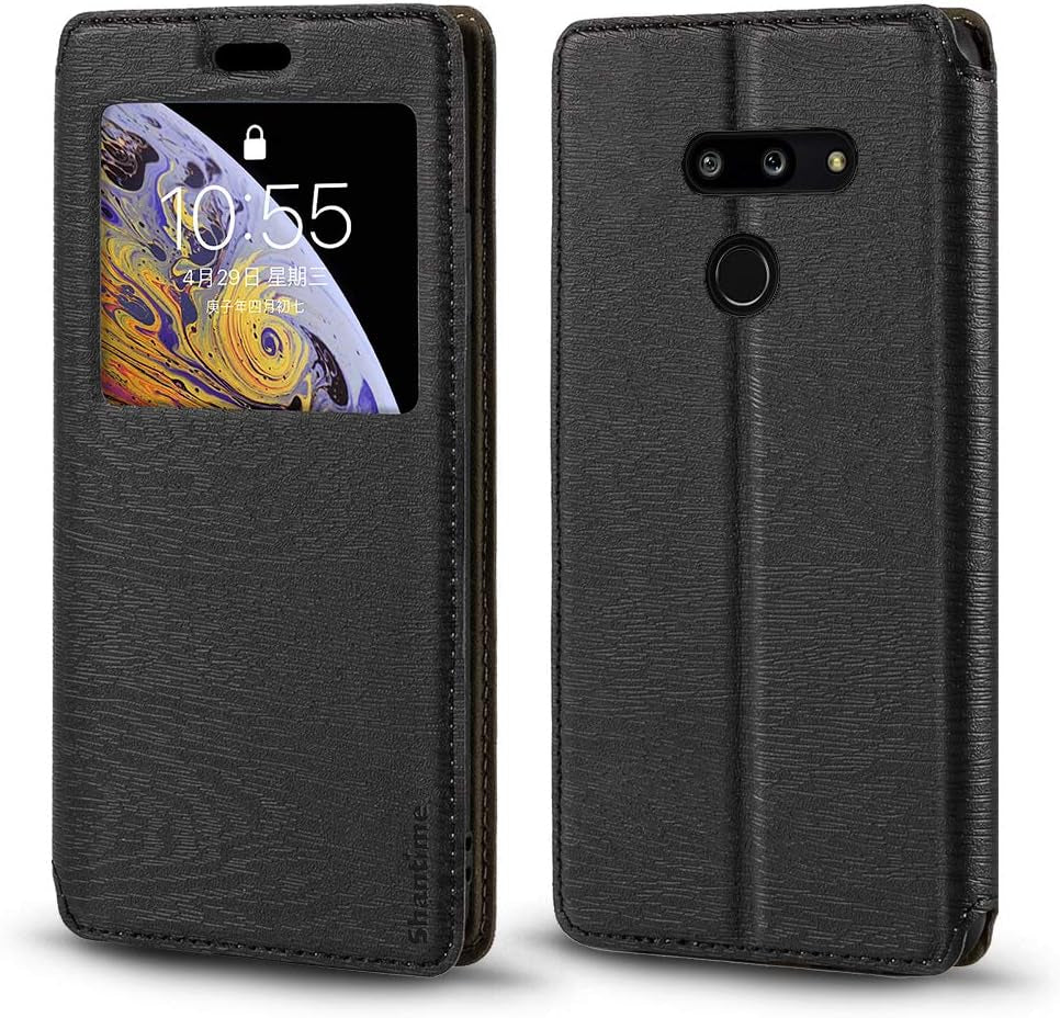 Shantime LG G8 Thinq Case, Wood Grain Leather Case with Card Holder and Window, Magnetic Flip Cover for LG G8 Thinq Gold  Shantime Black  