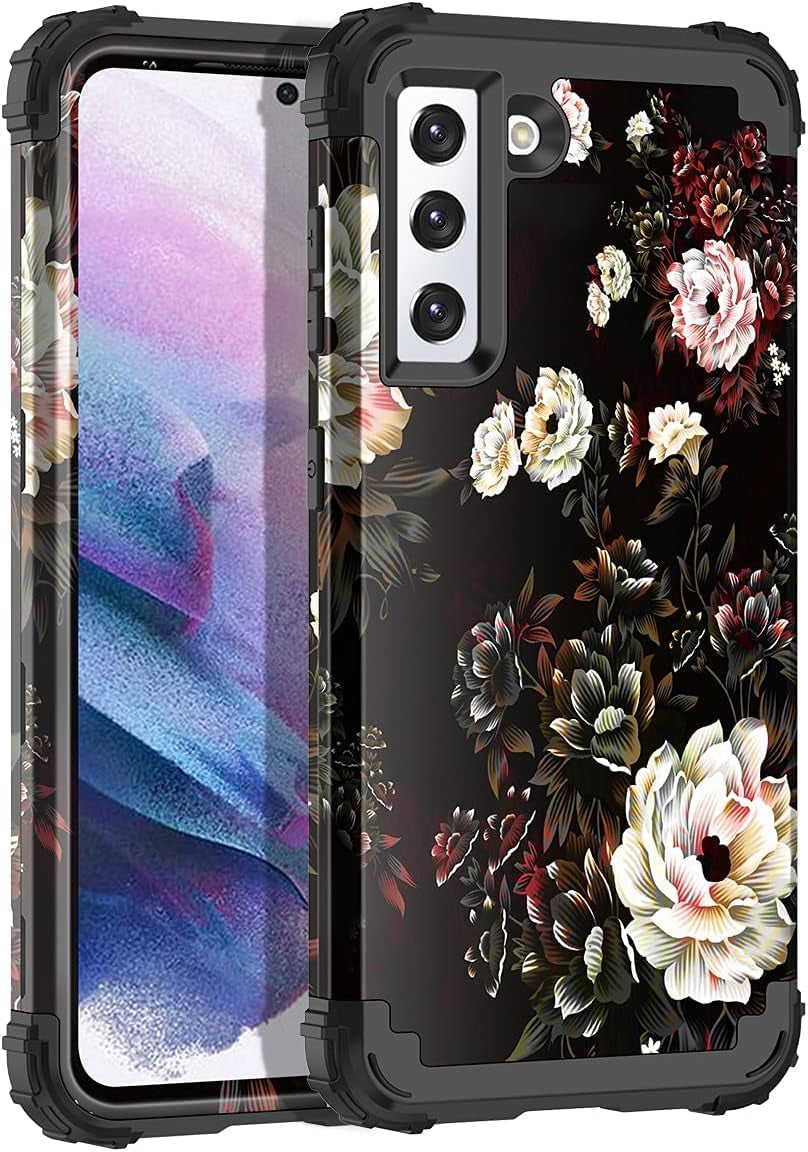 Rancase for Galaxy S21 plus 5G Case,Three Layer Heavy Duty Shockproof Protection Hard Plastic Bumper +Soft Silicone Rubber Protective Case for Samsung Galaxy S21 plus 5G 6.7 Inch,Black  Rancase Black Flower  