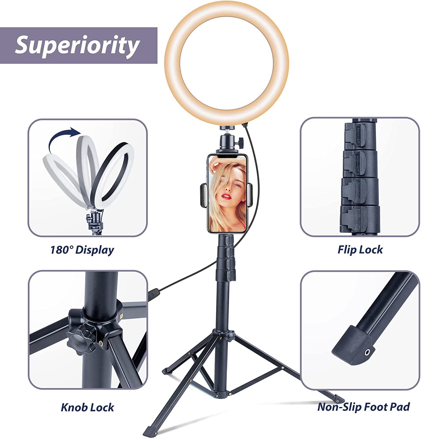 Ubeesize Selfie Ring Light with Tripod Stand and Phone Holder, Portable and Circle Ringlight for Phone (Carbon)  UBeesize   