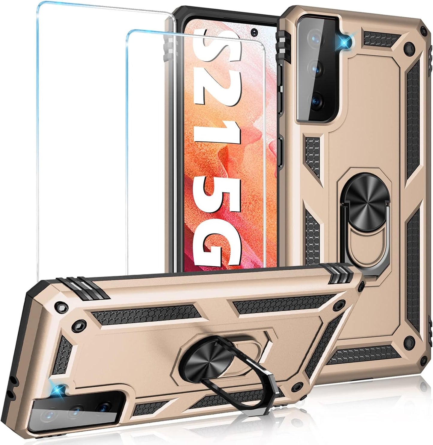 Case for Samsung Galaxy S21 5G Case Heavy Duty with Built in Screen Protector Hard Armor Military Anti-Fall Bumper Cover for Samsung S21 5G 6.2 2021 Phone Cases with Magnetic Ring Kickstand (Pink)  niter Gold  