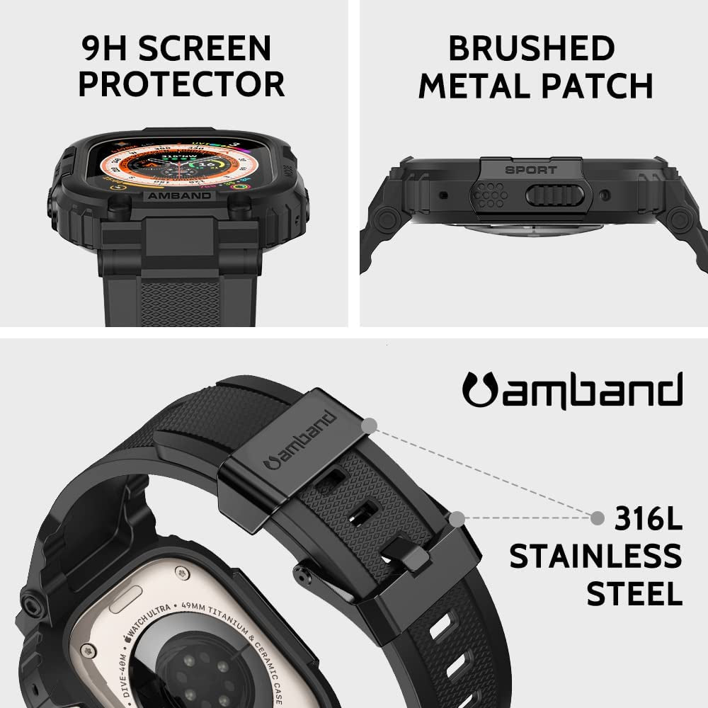 Amband Bands Case Screen Protector Compatible with Apple Watch Ultra 49Mm, M1 Sport Series Rugged Cover Strap and 2 Pack Tempered Glass Film, Military Protective Bumper for Iwatch 49 Mm Men Black  amBand   