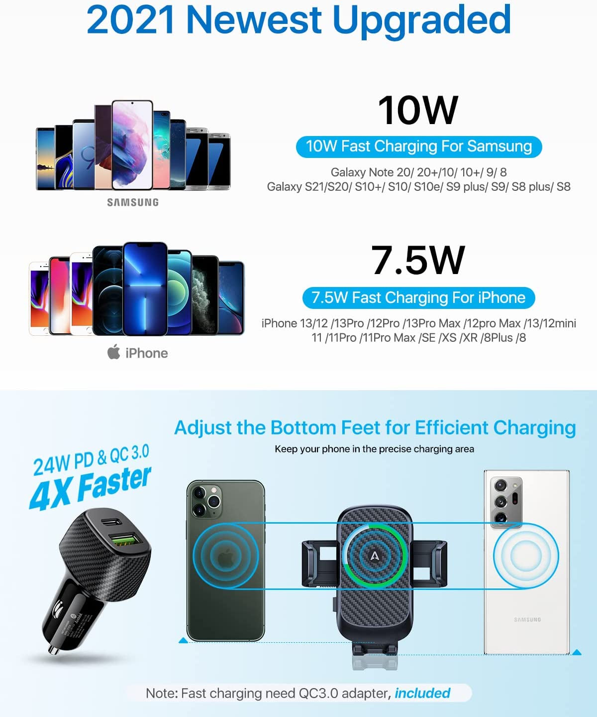 [Fast Charging] Andobil 15In Wireless Car Charger, [Upgraded Secure Chip] Qi Car Cup Phone Mount with Adapter Adjustable Gooseneck Cup Holder Charger Compatible with Iphone 14 13 12 Pro Max S22 S21  andobil   