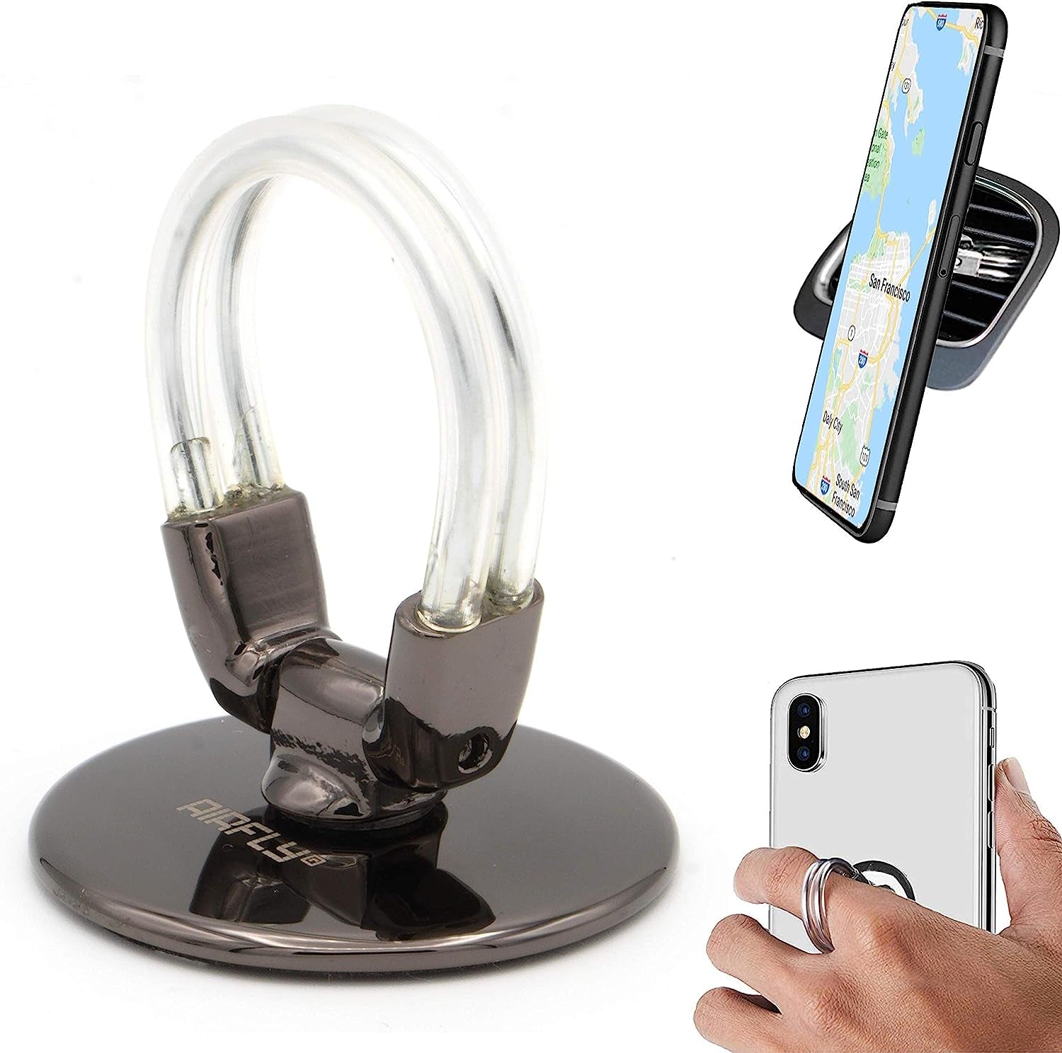 Airfly Phone Finger Ring Holder, 4 in 1, Universal Metal Phone Ring, Table Stand Kickstand, Car Vent Mount, Finger Grip Compatible All Smartphones, Black  AirFly SF   