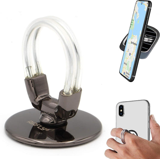 Airfly Phone Finger Ring Holder, 4 in 1, Universal Metal Phone Ring, Table Stand Kickstand, Car Vent Mount, Finger Grip Compatible All Smartphones, Black  AirFly SF   