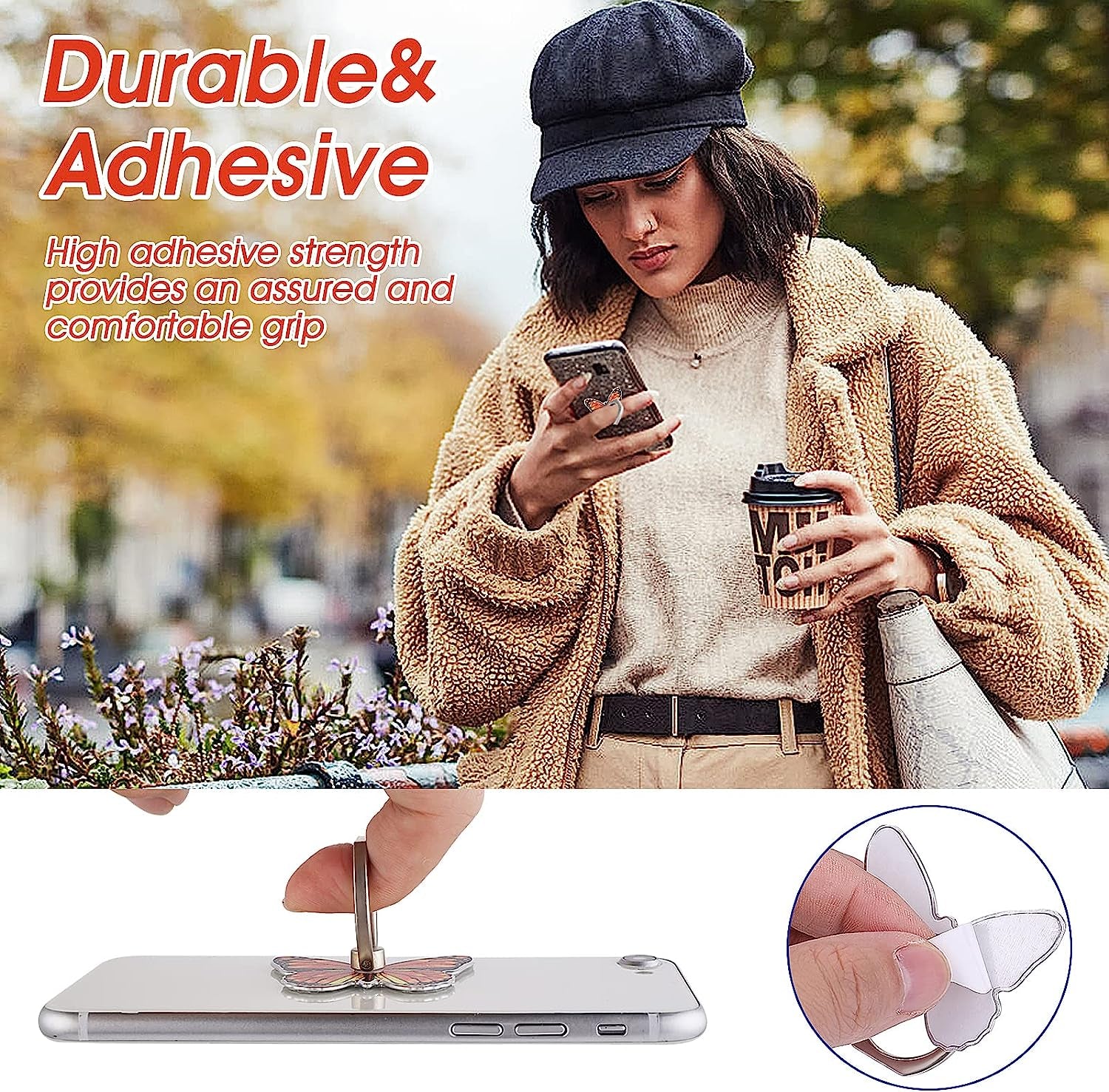 Cobee Butterfly Cell Phone Ring Stand Holder, 2 Pcs Cute Butterfly Pattern Painted Metal Finger Stand Kickstand 360°Rotation Phone Ring Holder Stand Ring Hand Grip with Knob Loop(Yellow, Orange)  Cobee   