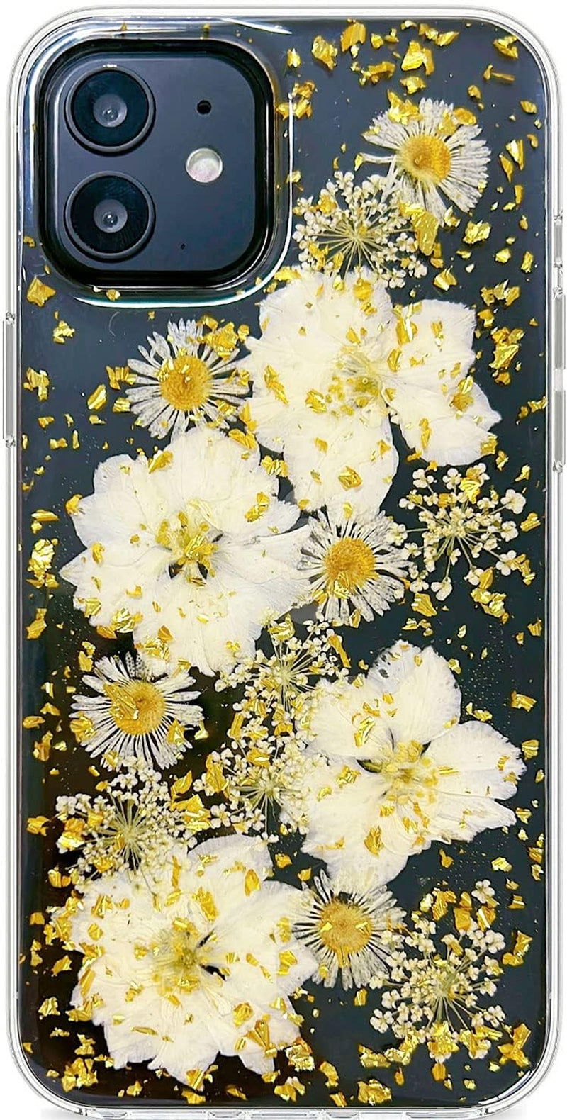 Abbery Designed for Iphone 12 Mini Case Glitter Flower Cute Bling Sparkle Clear with Design Soft Silicone TPU Real Dried Pressed Flowers Floral Aesthetic Phone Cover for Women Girls (3 Pink Flower)  Abbery Gold Daisy  