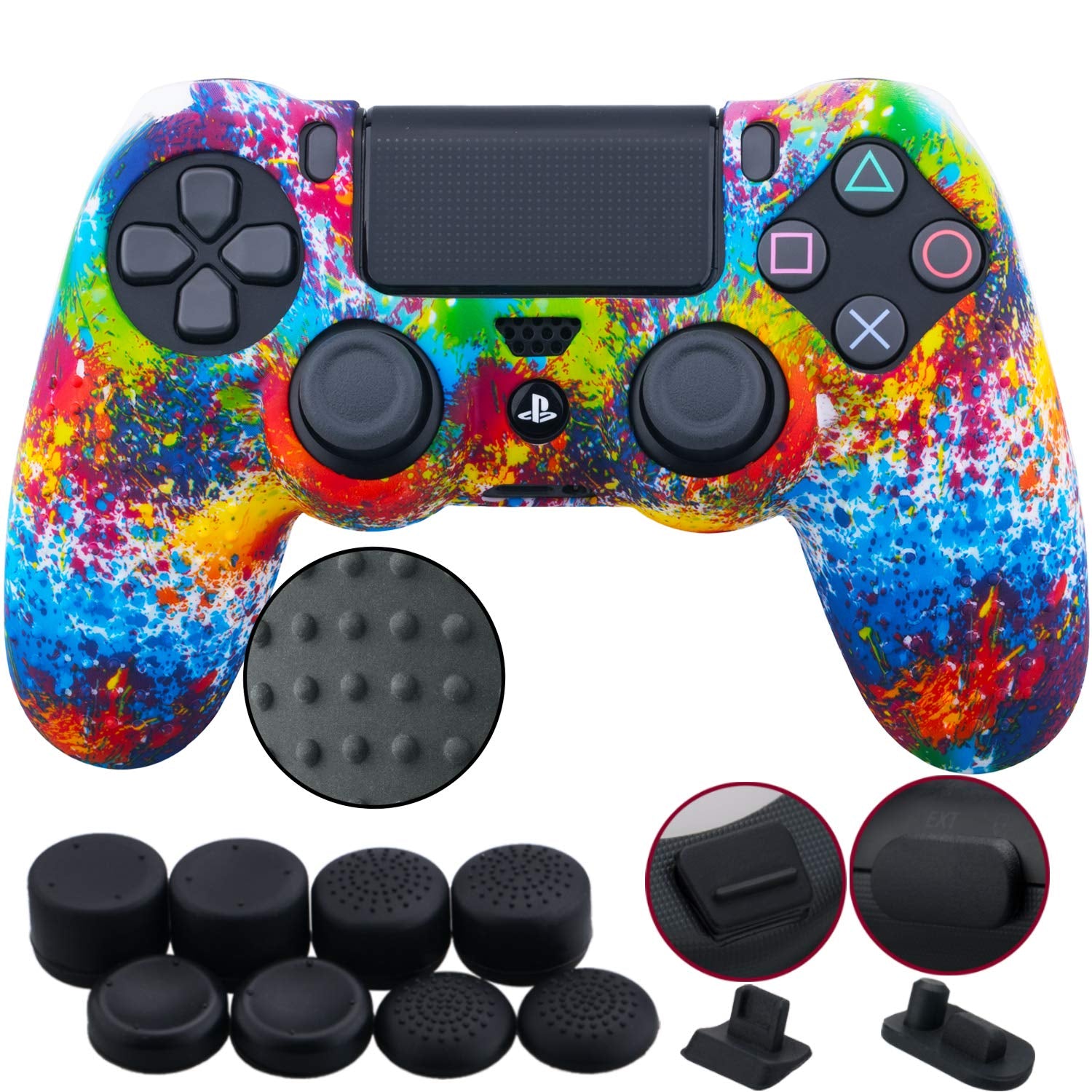 9Cdeer 1 Piece of Silicone Studded Water Transfer Protective Sleeve Case Cover Skin + 8 Thumb Grips Analog Caps + 2 Dust Proof Plugs for Ps4/Slim/Pro Dualshock 4 Controller, Skull Red  9CDeer PrintS print 