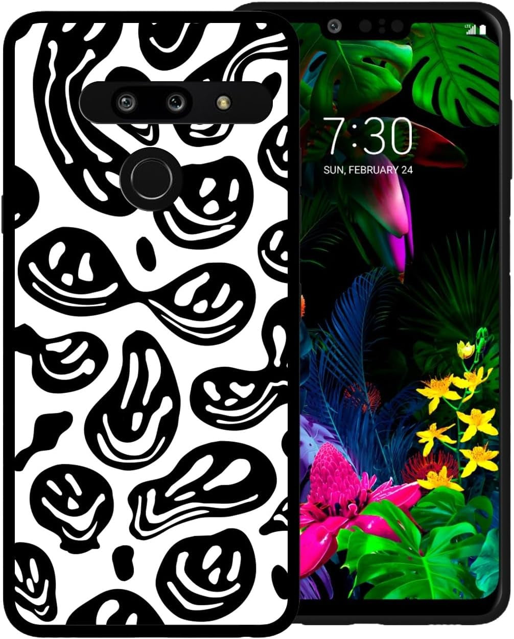 Zaztify Phone Case for LG G8 Thinq, Pastel Pink White Funny Trippy Dripping Smile Melted Hippie Smiling Skull Ghost Face Shockproof Protective Cover Shell  zaztify White Black Trippy Face  