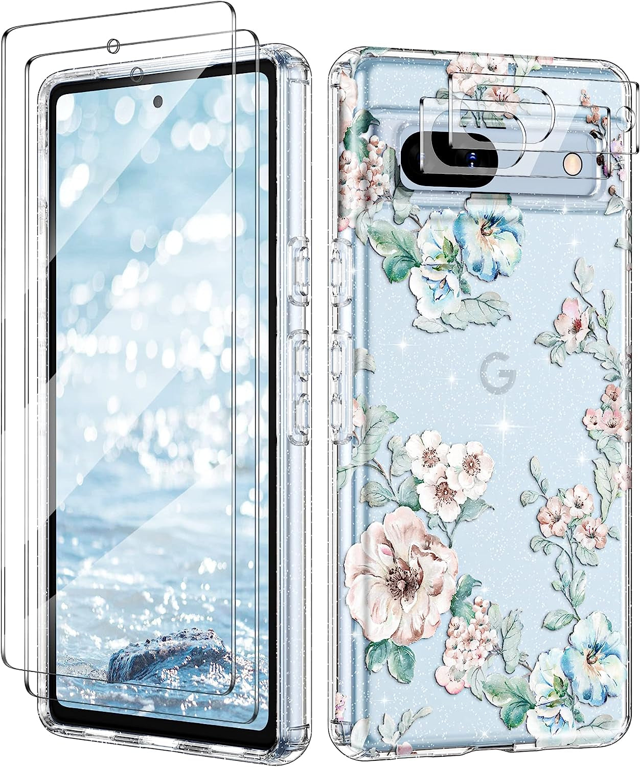 Lamcase Compatible with Google Pixel 7A Case, with 2 Screen Protector + 2 Camera Lens Protector Crystal Bling Sparkly Shiny Soft Flexible TPU Slim Drop Protection for Women Girls, Apricot Flower  Lamcase Rosa Gallica  