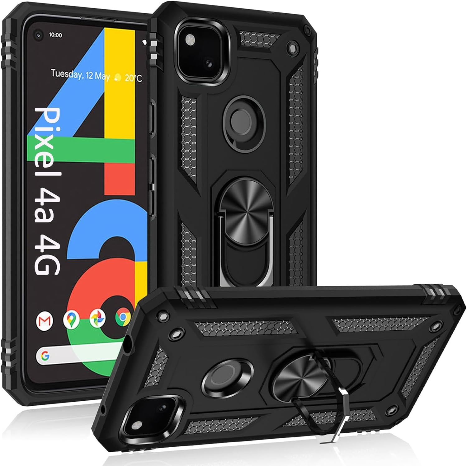 ADDIT Phone Case for Google 4A 5G,Google Pixel 4A 5G Case, Military Grade Protective Google Pixel 4A 5G Cases Cover with Ring Car Mount Kickstand for Google Pixel 4A 5G - Red  ADDIT Black Google Pixel 4A [4G] 