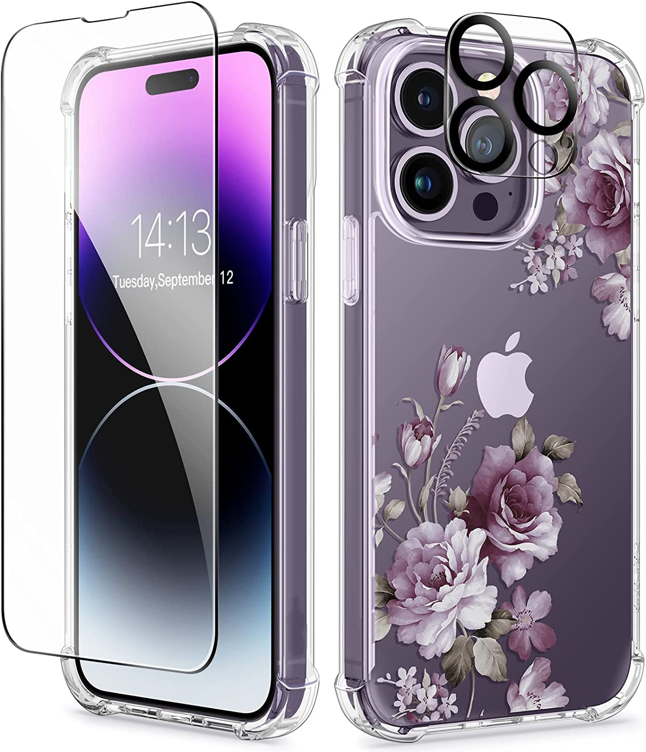 GVIEWIN Compatible with Iphone 14 Pro Case with Screen Protector & Camera Lens Protector, Floral Slim Shockproof Protective Hard PC+TPU Bumper Flower Women Cover, 6.1" 2022(Alluring Butterfly/Purple)  GVIEWIN Rosebush/Purple  