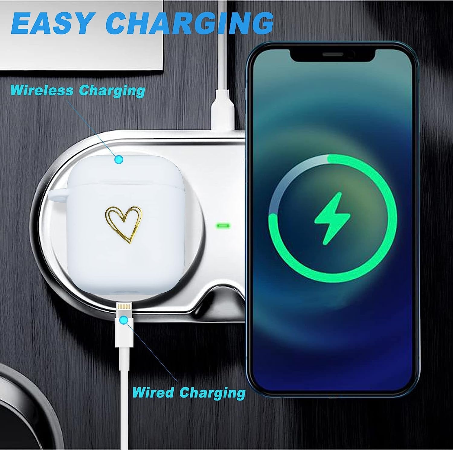 Wonjury Airpods Case Soft TPU Gold Heart Pattern Cute with Keychain Shockproof Cover Case for Girls Woman Apple Airpods 2 &1 - White  Wonjury   