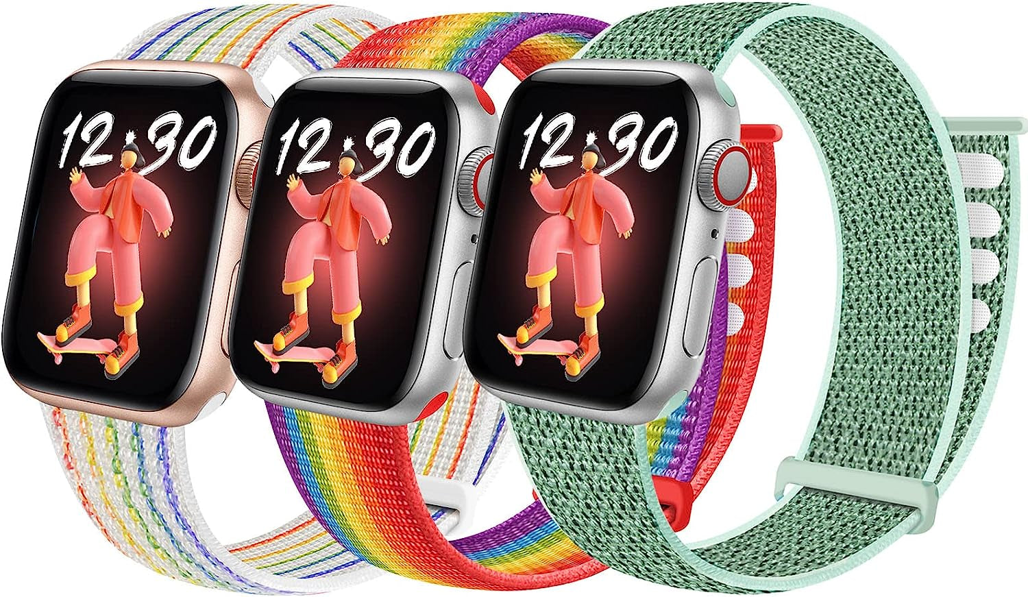 Asondig Compatible for Kids Apple Watch Band 3 Packs Nylon Sport Rainbow Band Replacement Boy Girl Loop Velcro Strap Soft Breathable Wristband for Apple Series 8/7/6/5/4/3/2/1/SE 38/40/41Mm&42/44/45Mm  Asondig Rainbow+Neon+Green 42/44/45mm 