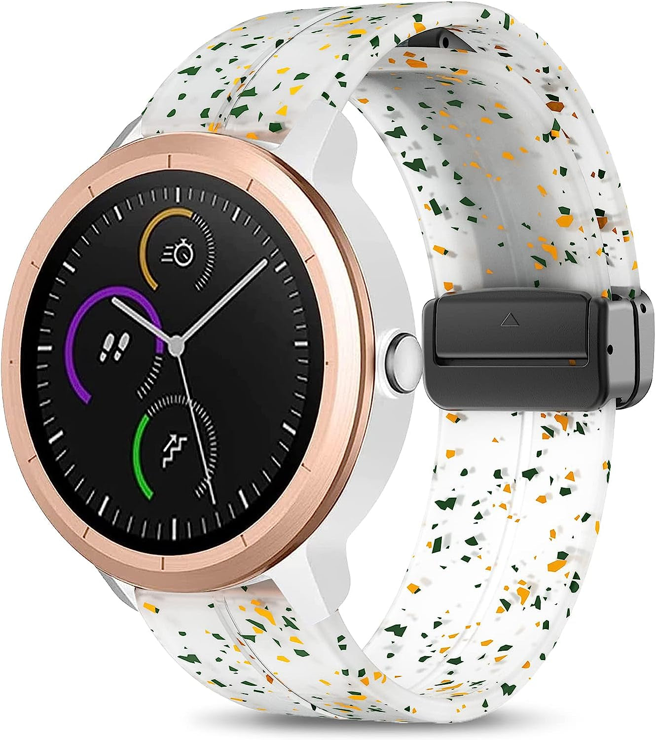 Mackpoimer Magnetic Bands for Garmin Venu/Vivoactive 3 Watch Band, 20Mm Silicone Wristband with Adjustable Magnetic Folding Buckle for Garmin Venu Sq, Vivoactive 3 Music, Forerunner 645/245 Music  MAKCPOIMER Green orange transparent white  