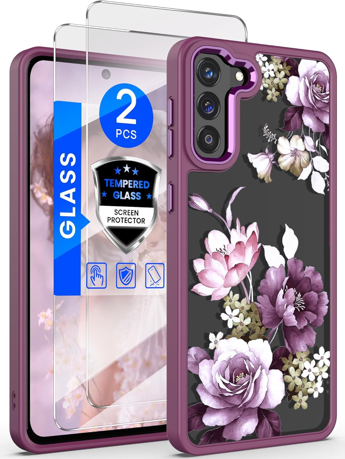 Dretal for Samsung Galaxy S21 plus 5G Case Floral, Galaxy S21+ Case, Military Grade Drop Tested Hard Back & Soft Edge Slim Flower Women Girls Protective Cover +Tempered Glass Screen Protector (Purple)  Dretal   