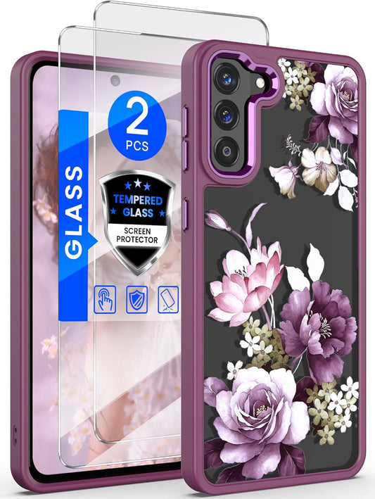 Dretal for Samsung Galaxy S21 plus 5G Case Floral, Galaxy S21+ Case, Military Grade Drop Tested Hard Back & Soft Edge Slim Flower Women Girls Protective Cover +Tempered Glass Screen Protector (Purple)  Dretal   