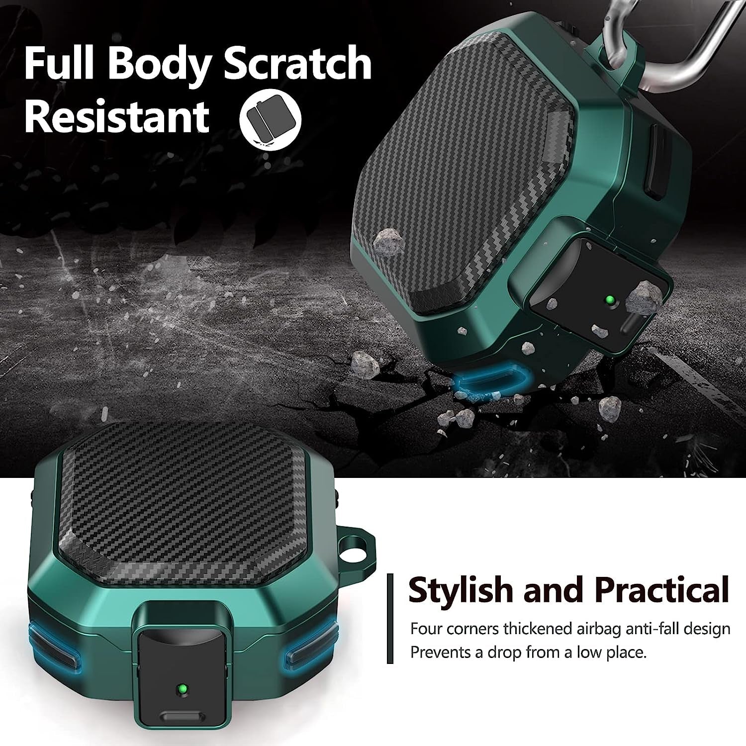 (With Security Lock) Carbon Fiber Case Cover for Samsung Galaxy Buds2 Pro Case/Galaxy Buds Pro Case/Galaxy Buds Live Case/Galaxy Buds 2 Case with Keychain/Zipper Box/Clean Brush - Carbon Fiber Green  Galafoki   