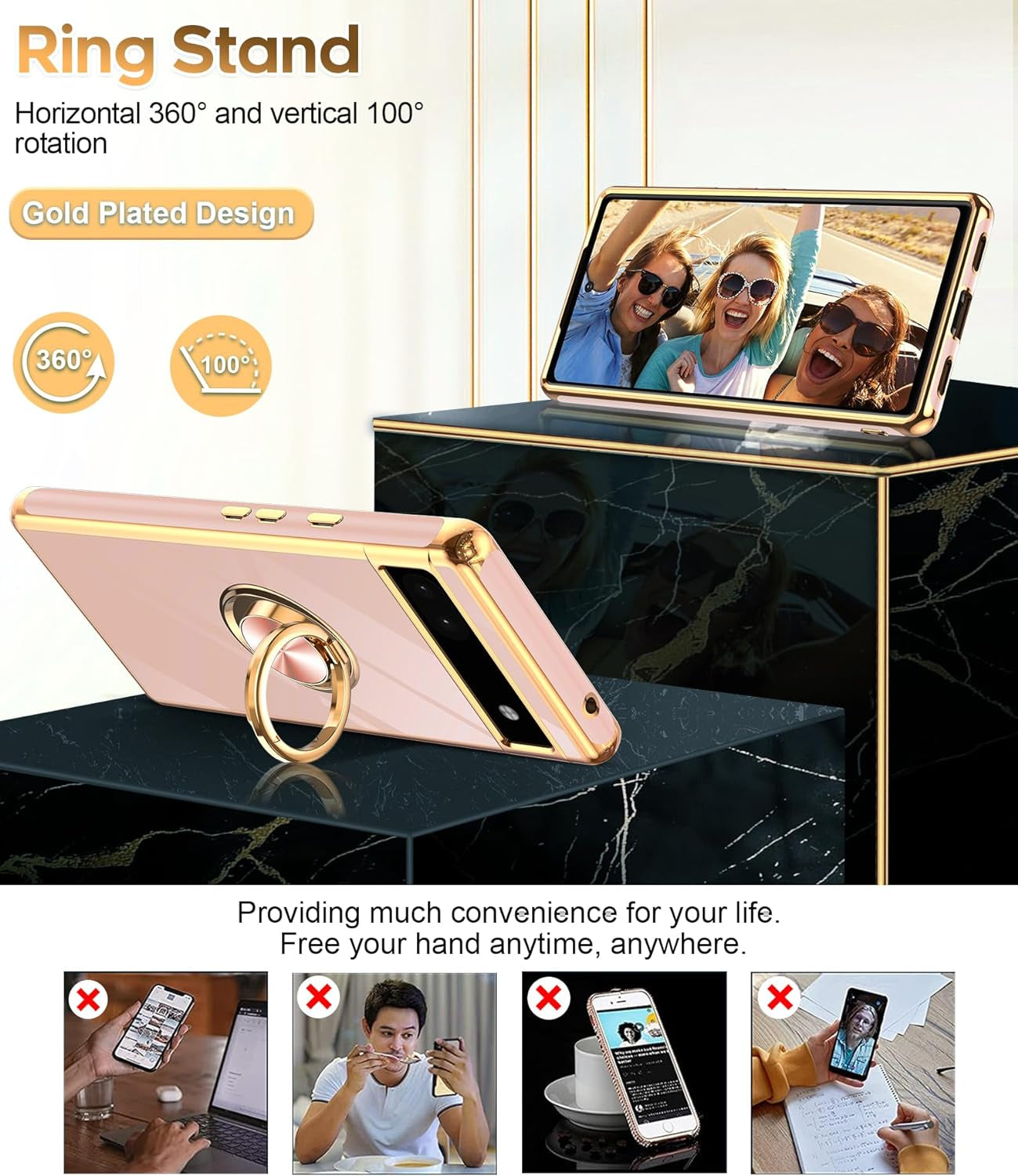 Leyi for Pixel 6A Case: with Tempered Glass Screen Protector [2 Pack] 360° Rotatable Ring Holder Magnetic Kickstand, Plating Rose Gold Edge Protective Google Pixel 6A Case, Pink  LeYi   