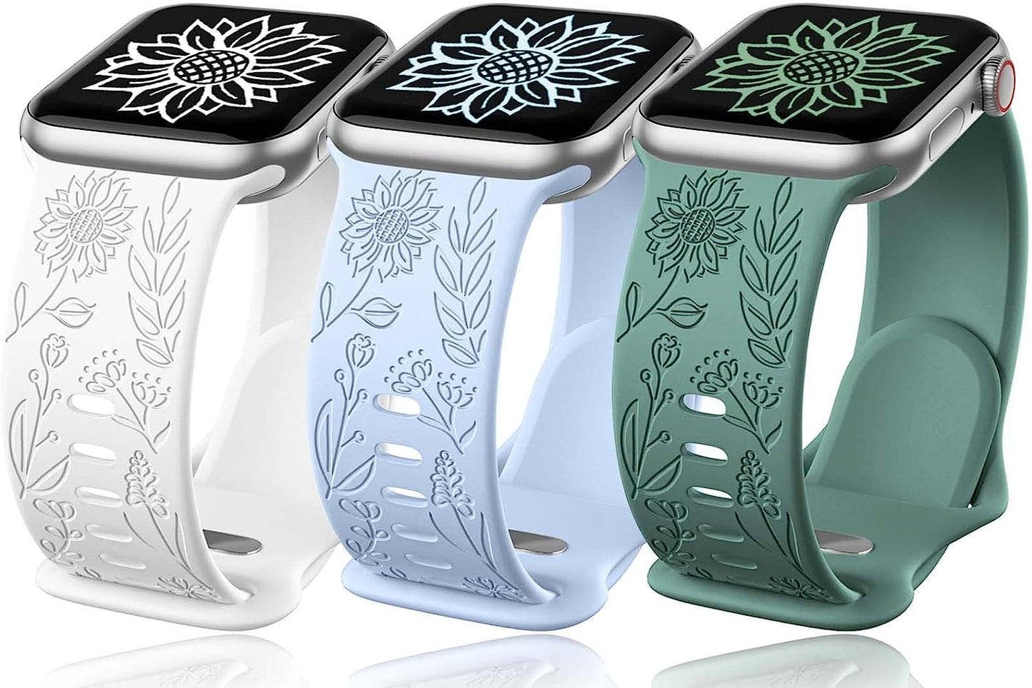 3 Pack Sunflower Engraved Bands Compatible with Apple Watch Band 38Mm 40Mm 41Mm 42Mm 44Mm 45Mm 49Mm Women Girl, Flower Silicone Wrist Bands Strap Compatible with Iwatch Series 8 7 6 5 4 3 2 1 SE Ultra  SNBLK Pine Green/Sky Blue/White 38mm/40mm/41mm 