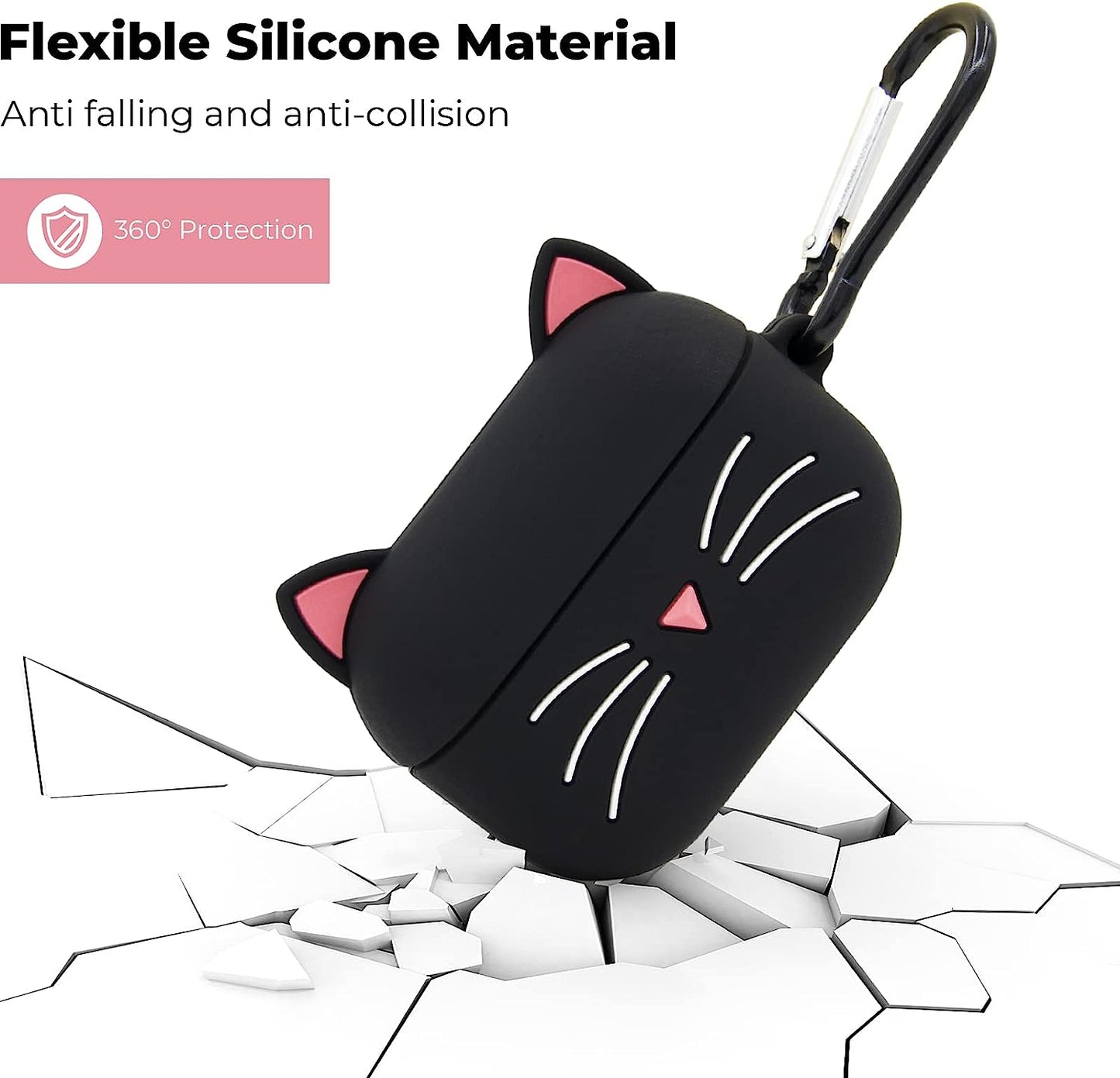 YONOCOSTA Cute Airpods Pro Case, Black Whisker Cat Kitty Funny 3D Cartoon Animals Full Protection Shockproof Soft Silicone Charging Case Cover Skin with Carabiner for Kids Girls Women Children  YONOCOSTA   