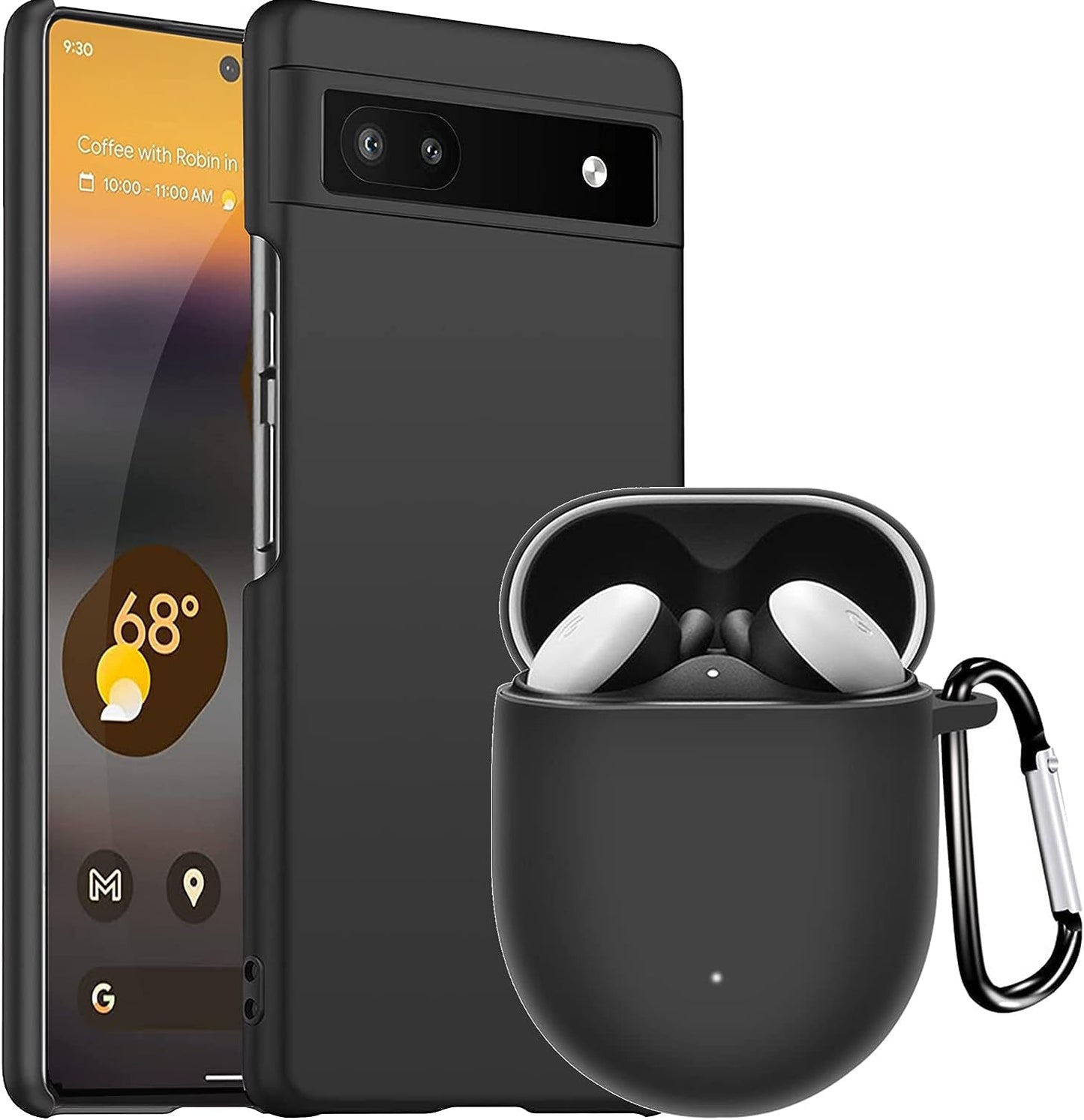 [1+1 Pack] Miimall Compatible for Google Pixel Buds A-Series Case + Google Pixel 6A Case, Ultra-Thin Back Cover for Pixel 6A 2022, Silicone with Keychain Cover Case for Pixel Buds A-Series(Mint Green)  Miimall Black+Black Buds Case Pixel 6A 