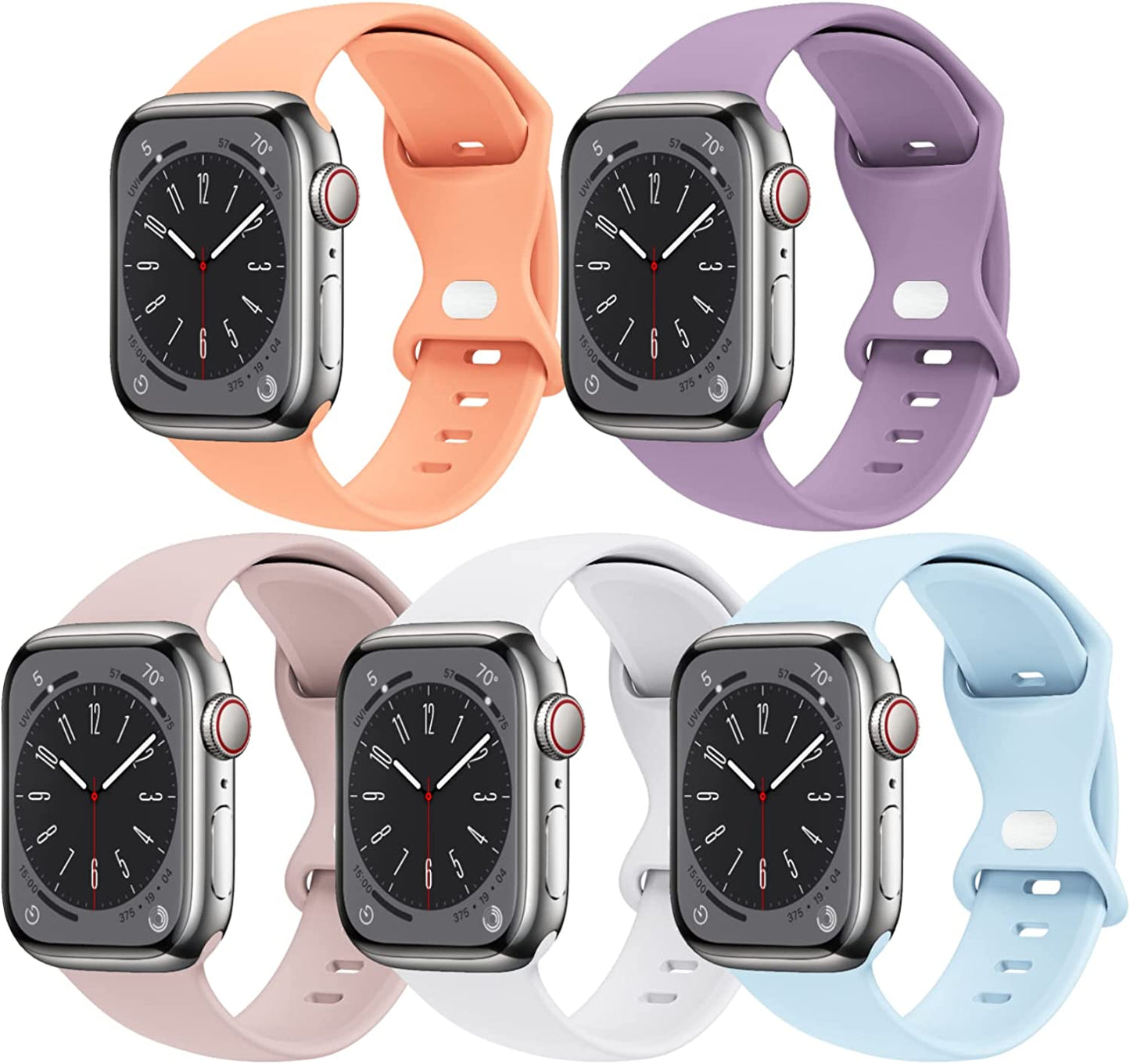 [5 PACK] STG Sport Watch Band Compatible with Apple Watch Band 38Mm 40Mm 41Mm 42Mm 44Mm 45Mm 49Mm Soft Silicone Replacement Sport Strap Compatible for Iwatch Ultra SE Series 8/7/6/5/4/3/2/1 (38Mm/40Mm/41Mm S/M, 5 PACK  STG 5 Pack B - Cantaloupe/Lavender/Pink Sand/White/Seafoam 42mm/44mm/45mm/49mm M/L 