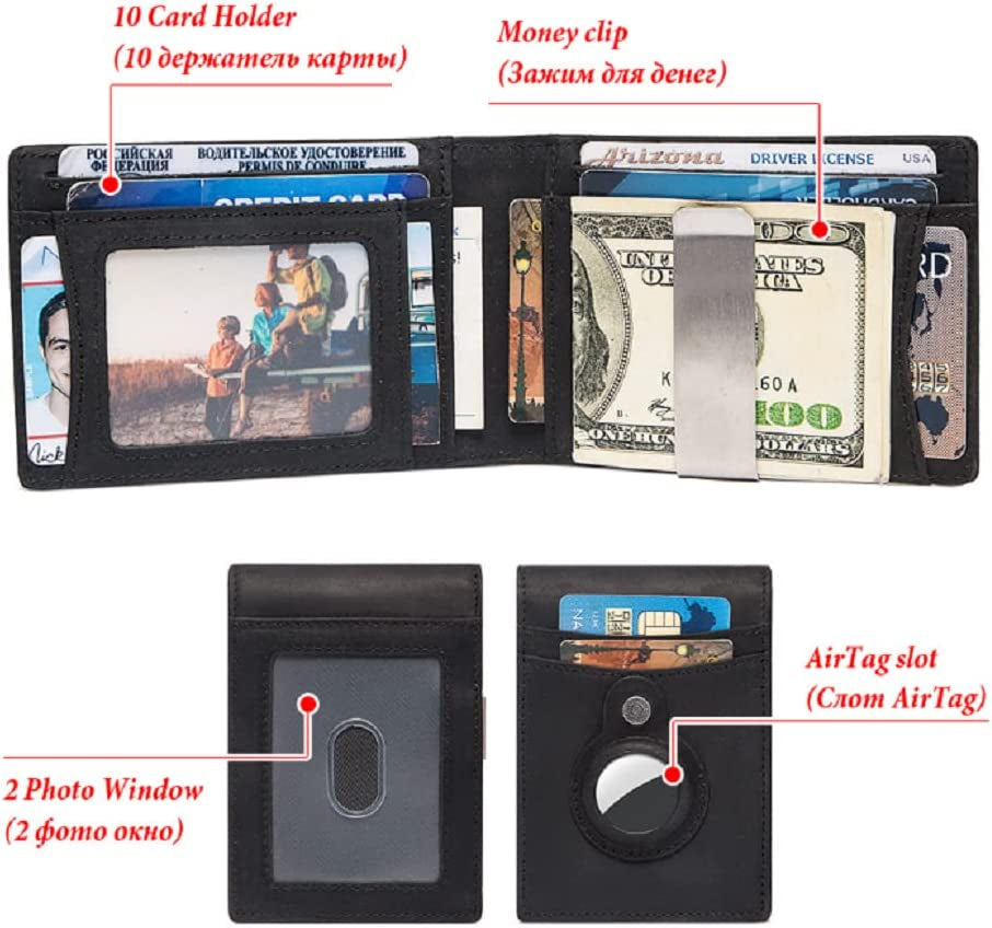 Mens Wallets, Mens Leather Rfid Bifold Wallet with 2 ID Windows, Apple Airtag Wallet Men, Slim Larger Capacity Genuine Leather Money Clip with Gift Box, Fashion Crazy Horse Leather Wallet for Him  AULKZIOV   