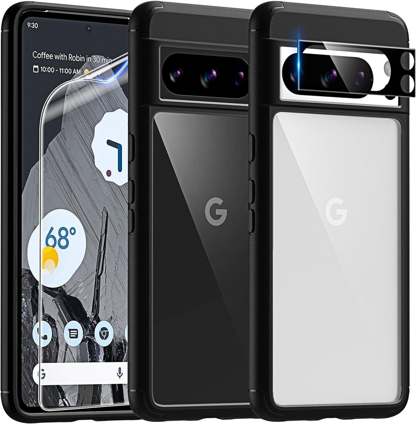 TAURI for Google Pixel 8 Pro Case, [5 in 1] 1X Clear Case [Not-Yellowing] with 2X TPU Film Screen Protector + 2X Camera Lens Protector, [Military Grade Protection] Slim Case for Pixel 8 Pro  TAURI Deepblack For Pixel 8 Pro 6.7" 