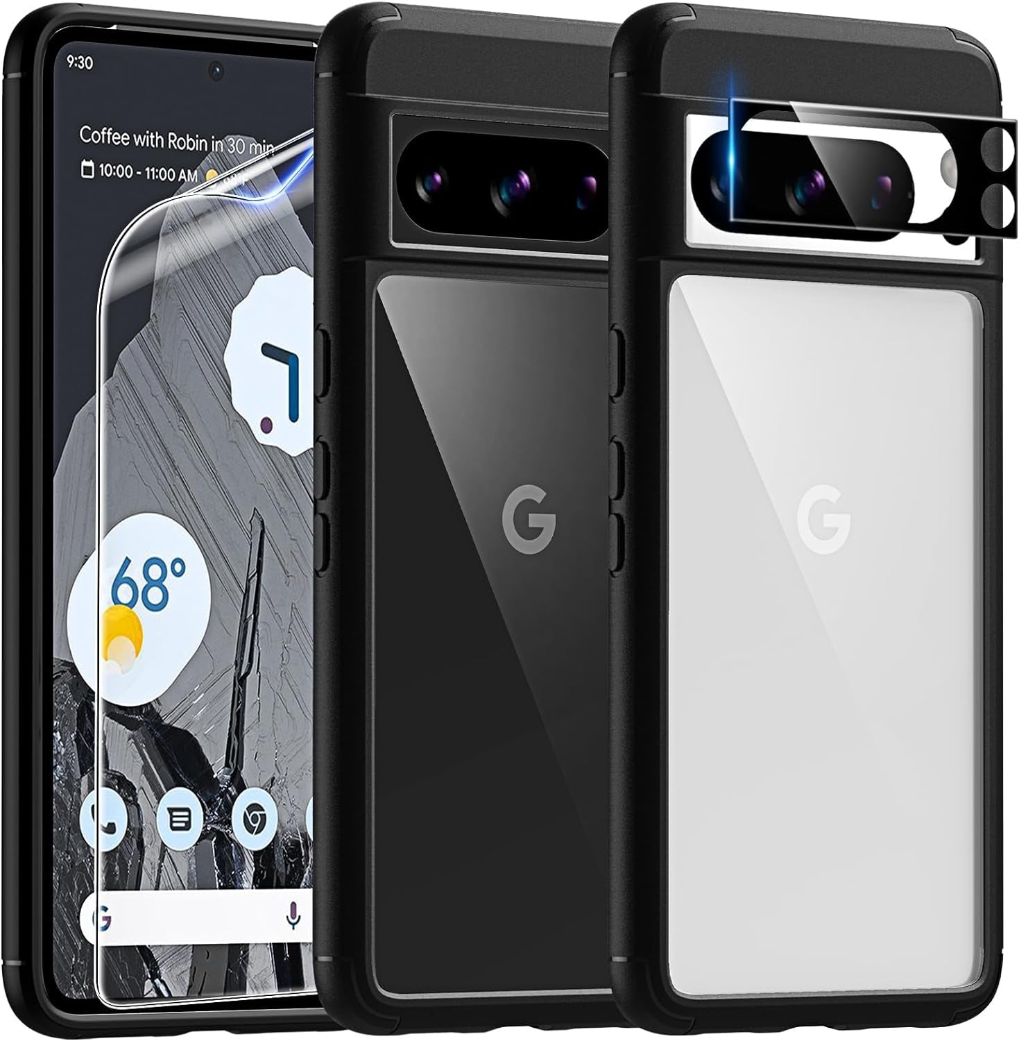 TAURI for Google Pixel 8 Pro Case, [5 in 1] 1X Clear Case [Not-Yellowing] with 2X TPU Film Screen Protector + 2X Camera Lens Protector, [Military Grade Protection] Slim Case for Pixel 8 Pro  TAURI Deepblack For Pixel 8 Pro 6.7" 