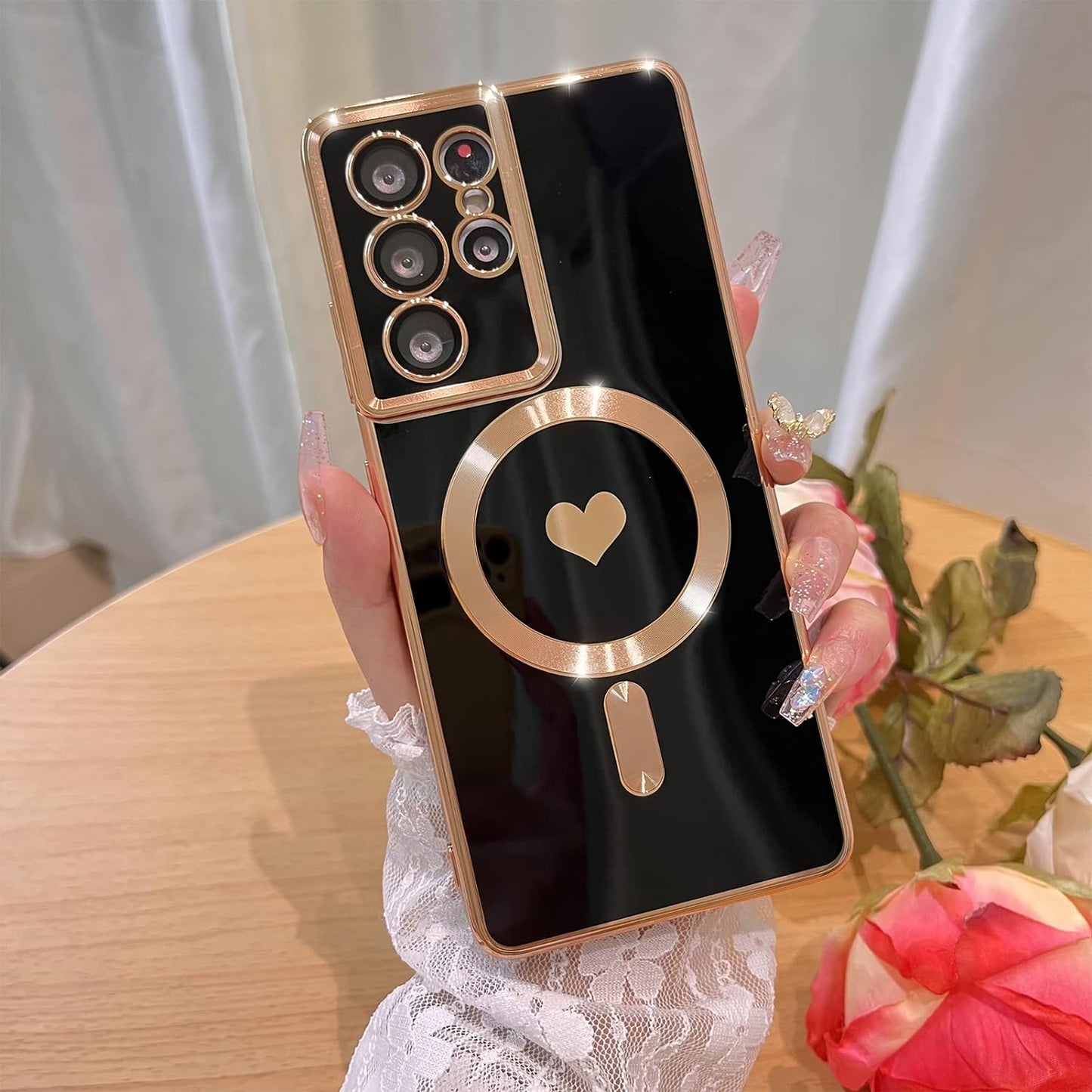 Bonoma Magnetic Case for Samsung Galaxy S21 Ultra Compatible with Magsafe, Cute Love Heart Luxury Plating Back Cover with Edge Elegant Aesthetic Hearts Pattern Silicone Phone Case-Pink  Bonoma Black  