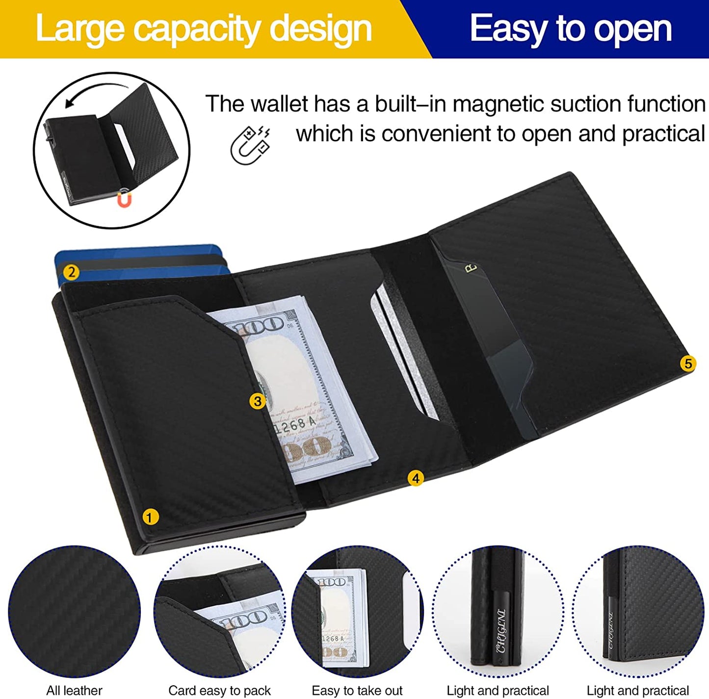 CHJGLNL Genuine Leather Slim Wallet for Men, Pop up Wallet RFID Blocking Money Credit Card Holder Minimalist Smart Wallet Ideal for Men'S Gift  CHJGLNL   