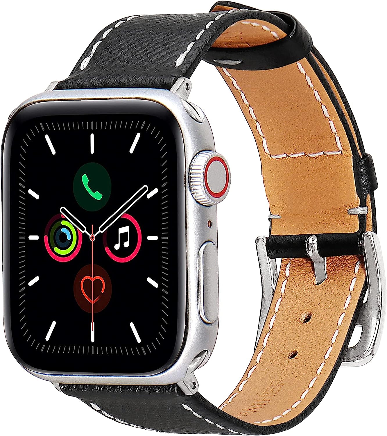 Heyon Women Leather Band Compatible with Apple Watch 38Mm 40Mm 42Mm 44Mm,Genuine Leather Watch Band for Iwatch  Heyon Black Band/Silver Adapter 42mm/44mm 