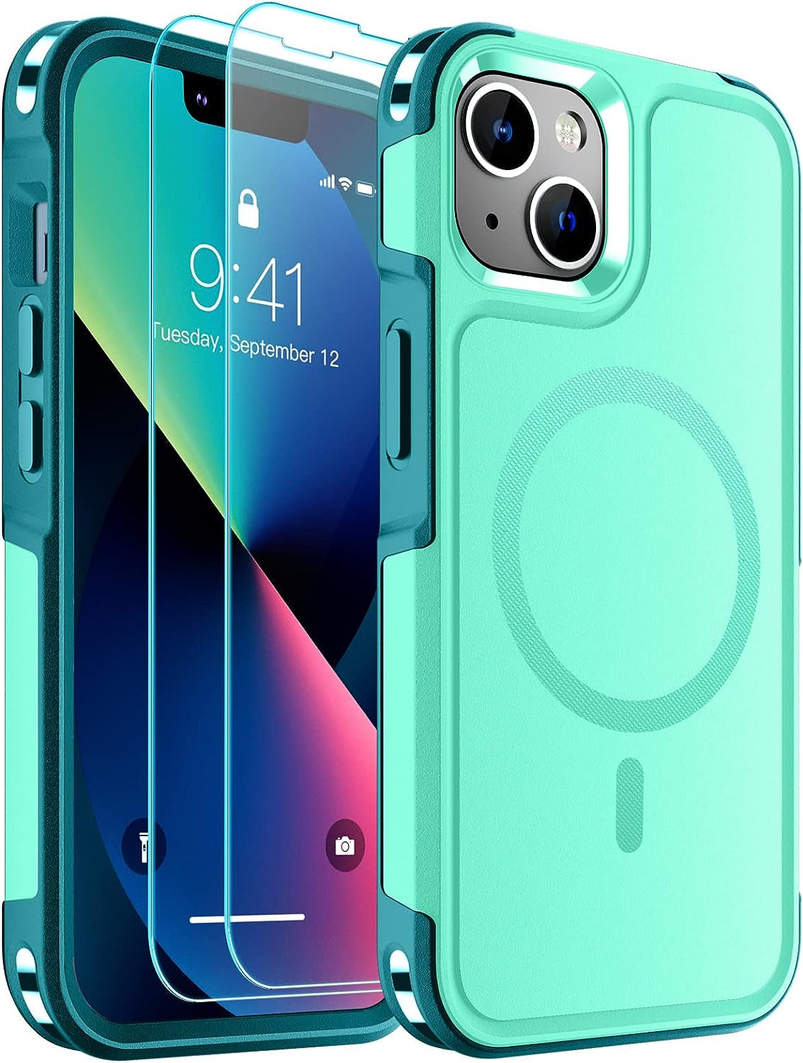 SUPFINE Magnetic for Iphone 13 Case Clear [Compatible with Magsafe][Never Yellow][2+Tempered Glass Screen Protector] Non-Slip Shockproof Phone Case,Flexible Bumper Designed for Thin Cover,Clear  SUPFINE Magnetic Light Green Iphone 13 
