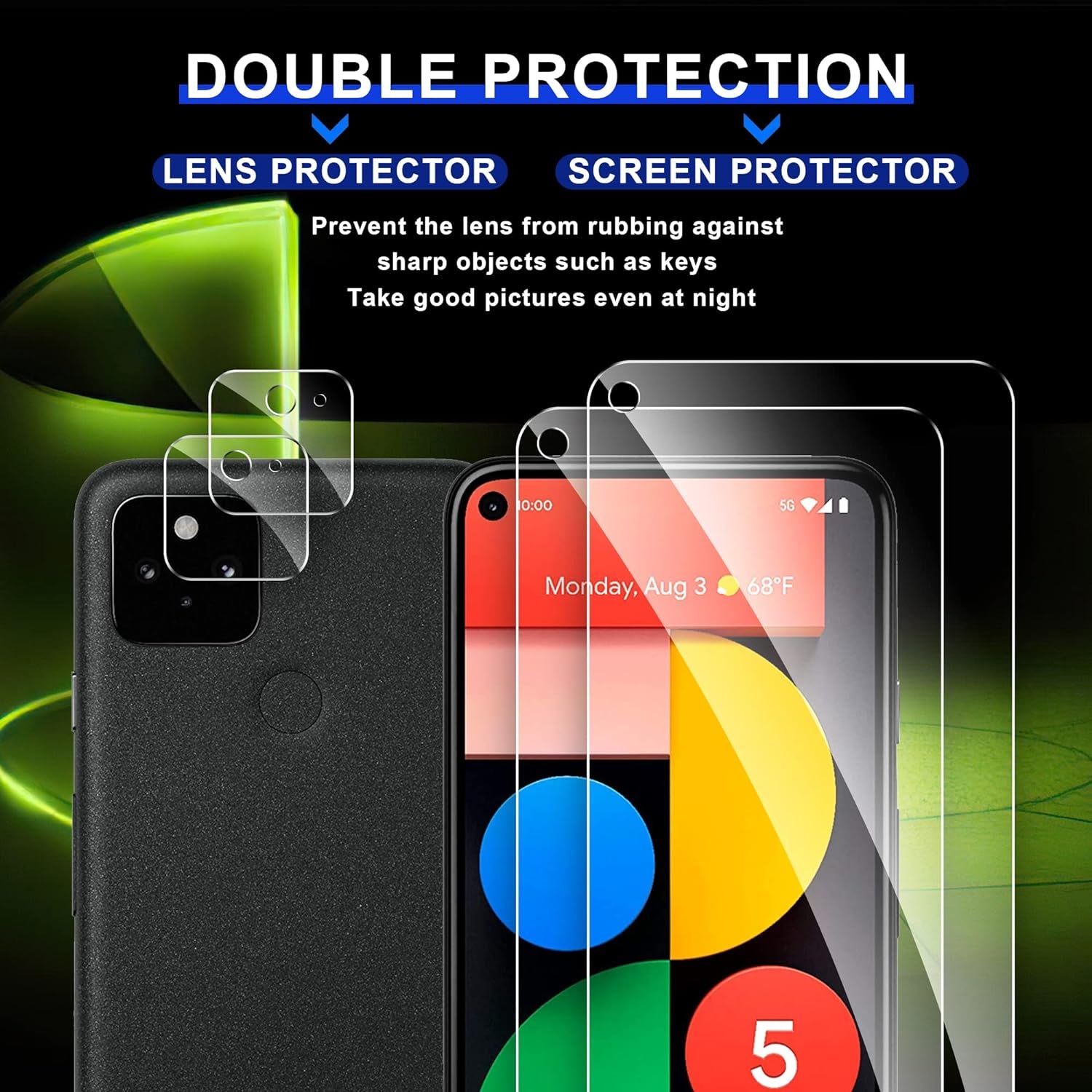 Ogrish 2 Pack Tempered Glass Screen Protector for Google Pixel 5 - and 2 Pack Camera Lens Protector【Hd Clarity】【Anti-Scratch】【Case Friendly】【Anti-Fingerprint】  Ogrish   