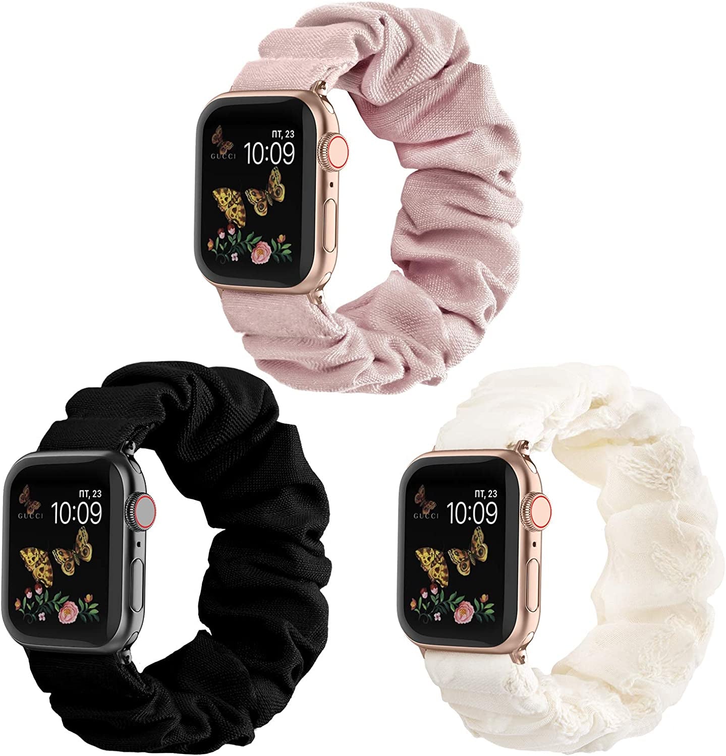 Recoppa Compatible for Scrunchie Apple Watch Band 38Mm 41Mm 42Mm 40Mm 44Mm 45Mm Cute Print Elastic Watch Bands Women Bracelet Strap for Apple Iwatch Series 7 6 5 4 3 2 1 SE(3 Pack, 38/40/41Mm-Small)  Recoppa Black/Floral Lace/Pink 38mm/40mm/41mm-Small 