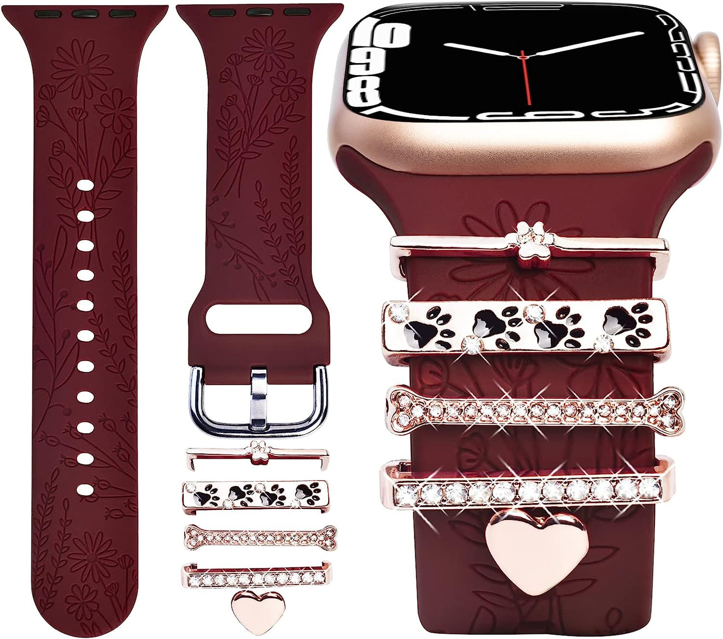 Watch Band Charms (Band Included), Compatible with Apple Watch Band 38Mm 40Mm 41Mm, ORATYFAN Floral Engraved Silicone Bands & Metal Decorative Ring Loops Accessories for Iwatch Series Se 8 7 6 5 4 3 2 1  ORATYFAN Burgundy Band/ Rose Gold Heart 42mm/44mm/45mm/49mm 