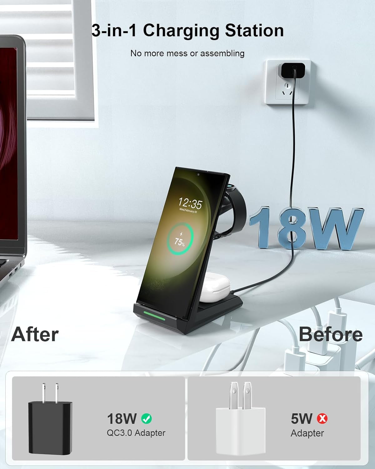 Wireless Charger for Samsung - NANAMI 3 in 1 Charging Station for Multiple Devices, Fast Charger Stand Dock for Galaxy S23 Ultra S22 S21 S20 Z Flip Fold 4,Galaxy Watch 6/5/5 Pro/4/3, Galaxy Buds 2 Pro  NANAMI   