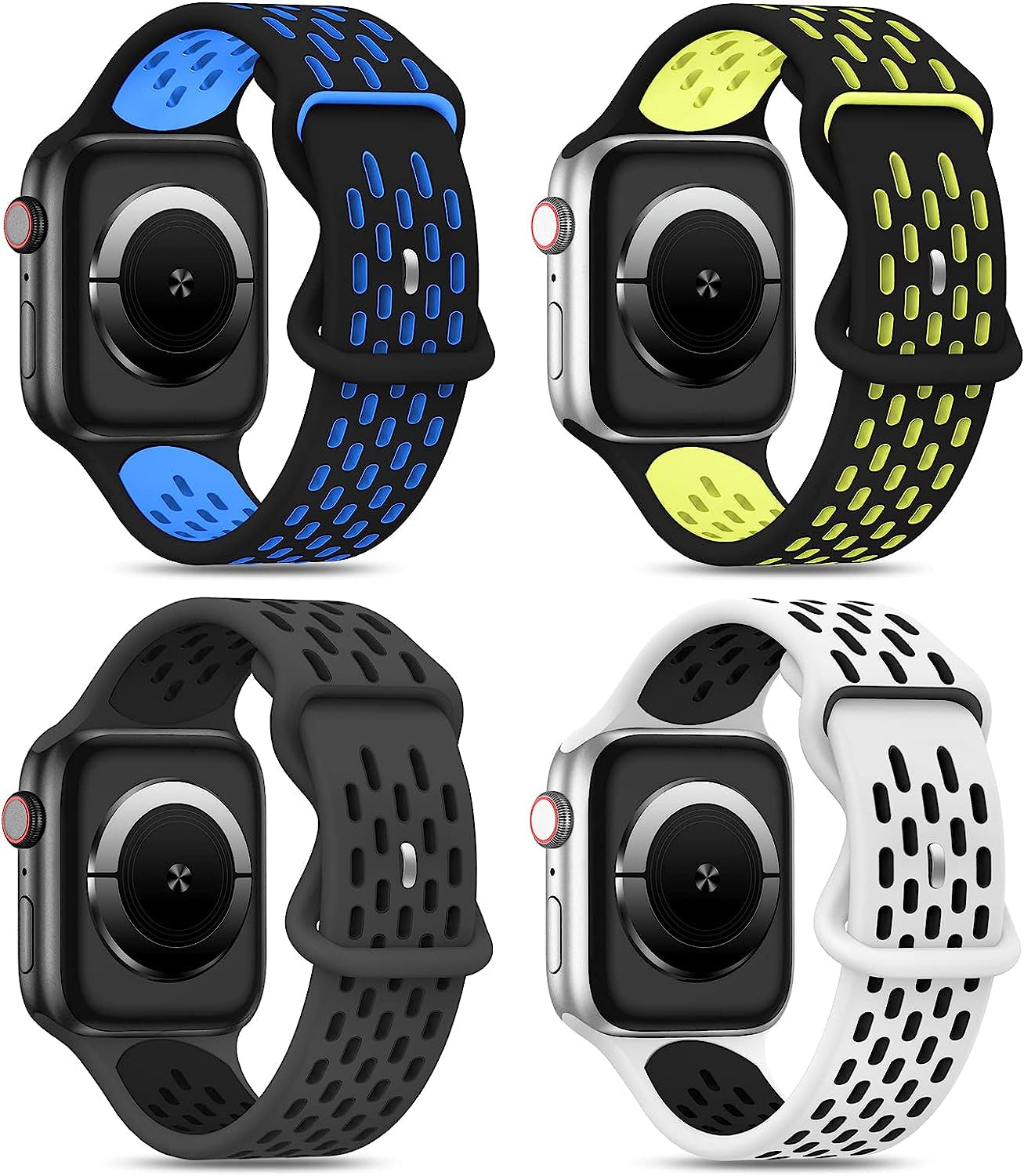 Shalila 4 Pack Sport Bands Compatible with Apple Watch Band 49Mm 45Mm 44Mm 42Mm 41Mm 40Mm 38Mm for Men Women, Silicone Breathable Wristband Replacement Strap for Iwatch Ultra Series 8/7/SE/6/5/4/3/2/1  Shalila Black Blue/Black Green/Anthracite Black/White Black 38/40/41mm 