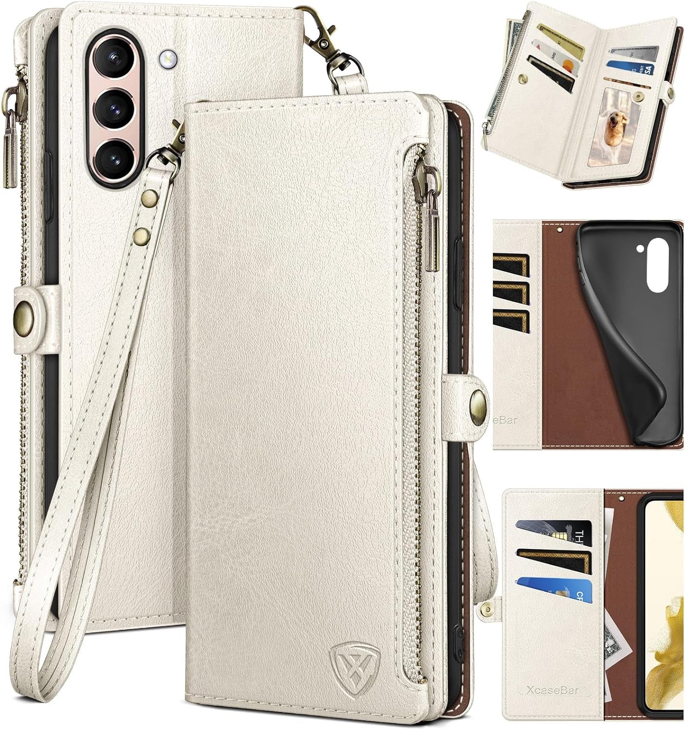 Xcasebar for Samsung Galaxy S21 Wallet Case with Zipper Credit Card Holder【Rfid Blocking】, Flip Folio Book PU Leather Phone Case Shockproof Cover Women Men for Samsung S21 Case Wine Red  XcaseBar White  