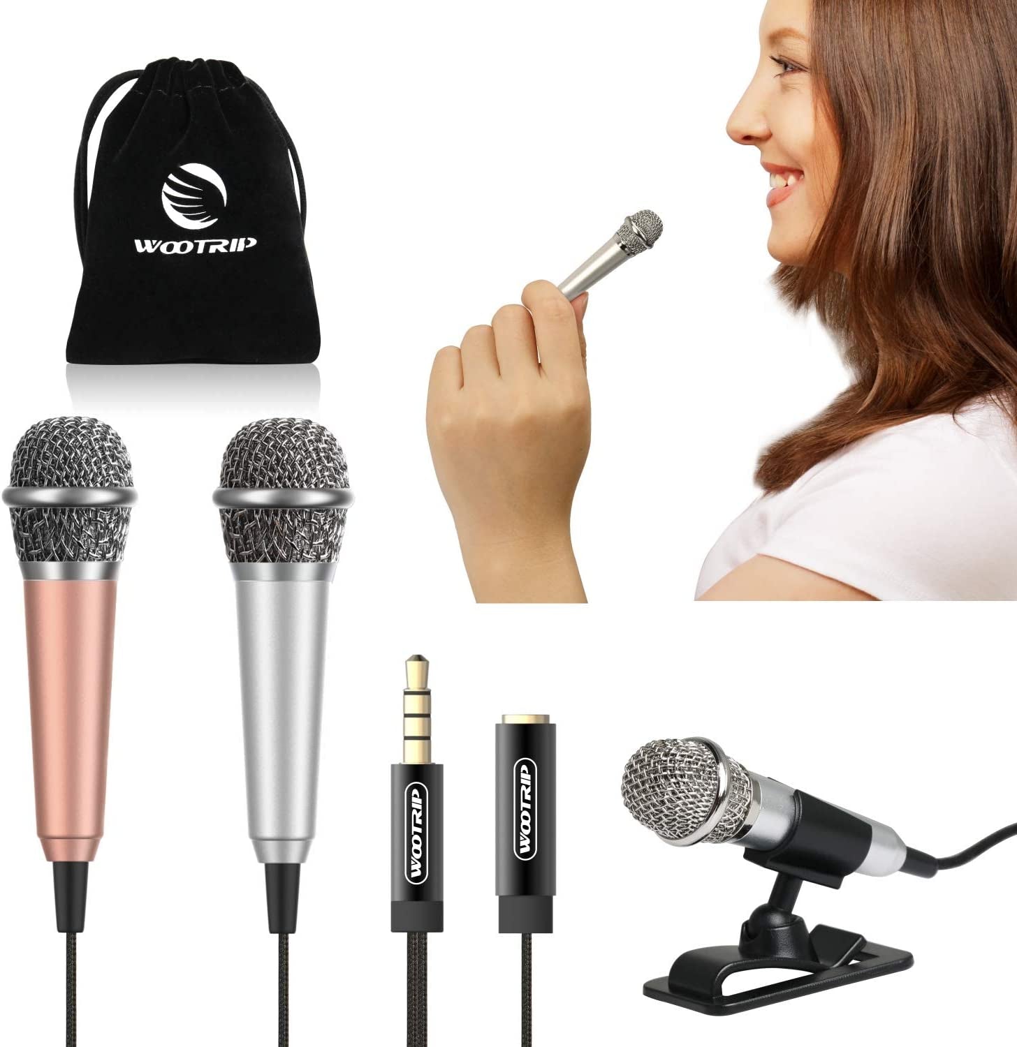 Mini Microphone, Wootrip Karaoke Tiny Microphone for Voice Recording Interview, Portable Small Singing Mic 3.5Mm Plug with Stand Suitable for Android Phone,Iphone,Ipad, Laptop (Rose Gold)  Wootrip Gold Silver  