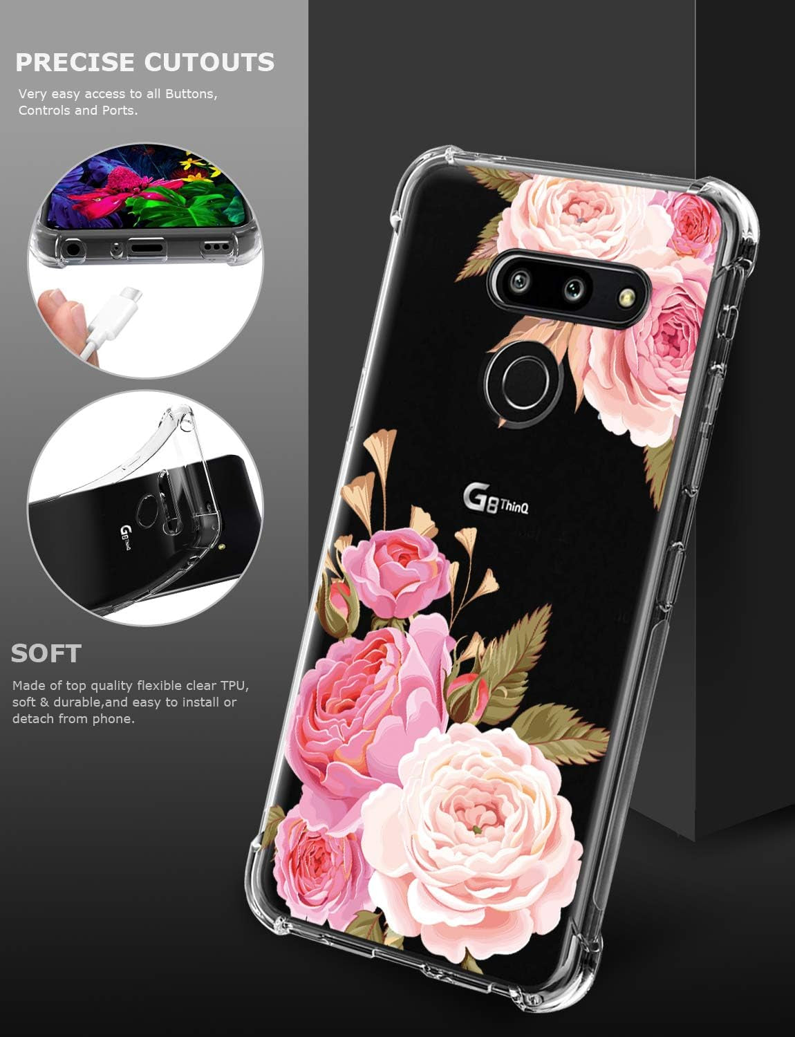 GREATRULY Floral Clear Pretty Phone Case for LG G8 Thinq (2019 Release) for Women Girls,Flower Design Transparent Slim Soft Drop Proof TPU Bumper Cushion Silicone Cover Shell,Fl-K  GREATRULY   